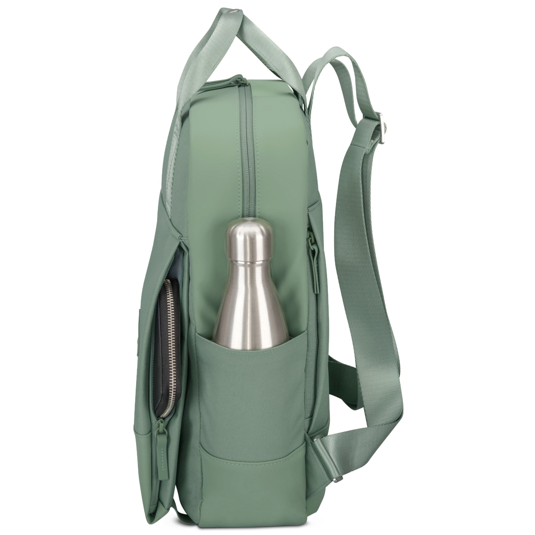 Grüner Jona Large Rucksack von Johnny Urban mit seitlicher Tasche und Edelstahl-Trinkflasche