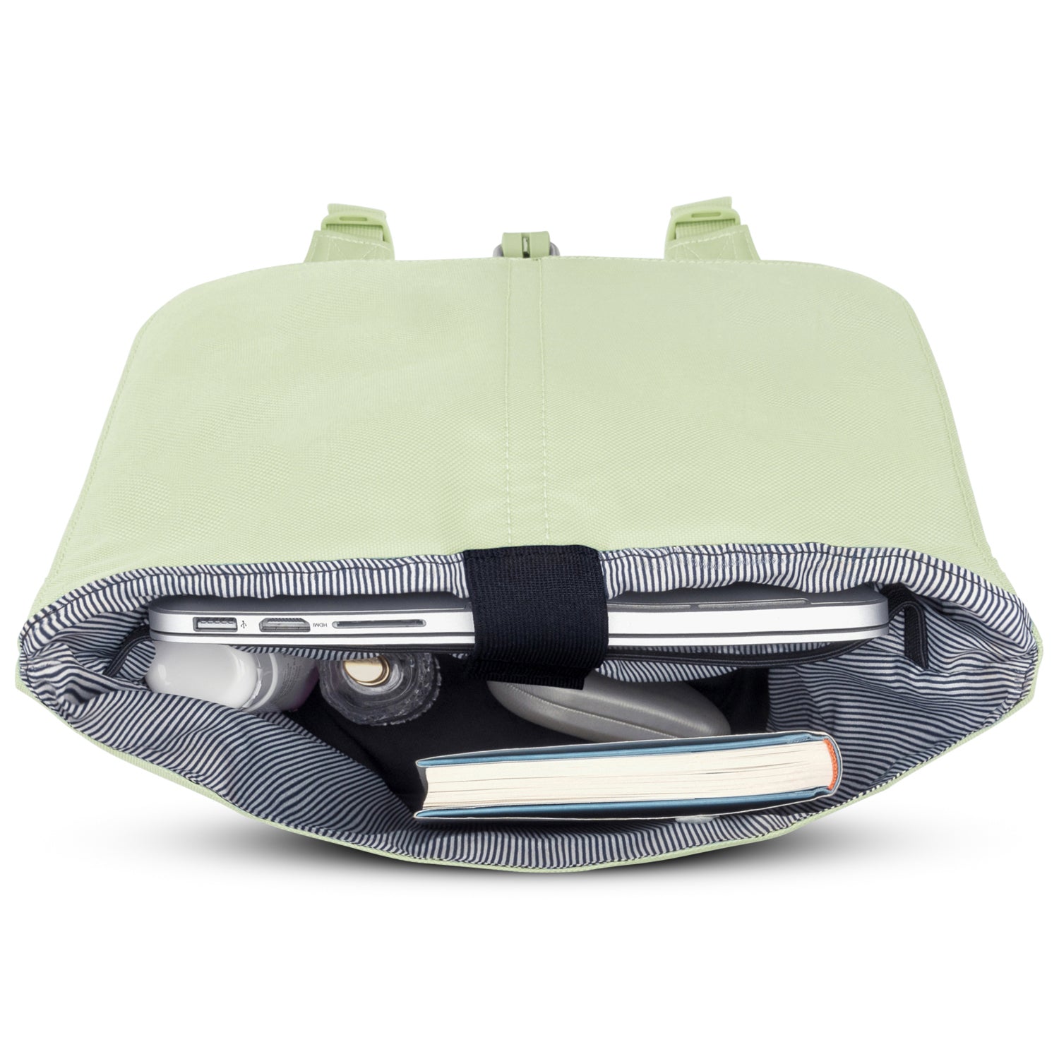 Heller Damenrucksack 'Mia' in Lime mit gestreiftem Innenfutter, gefüllt mit Laptop, Buch und Alltagsgegenständen