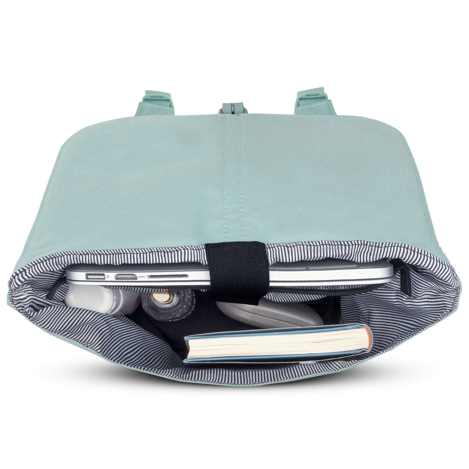 Mintgrüner Damenrucksack 'Mia' von oben mit Laptop, Buch und weiteren Gegenständen innen