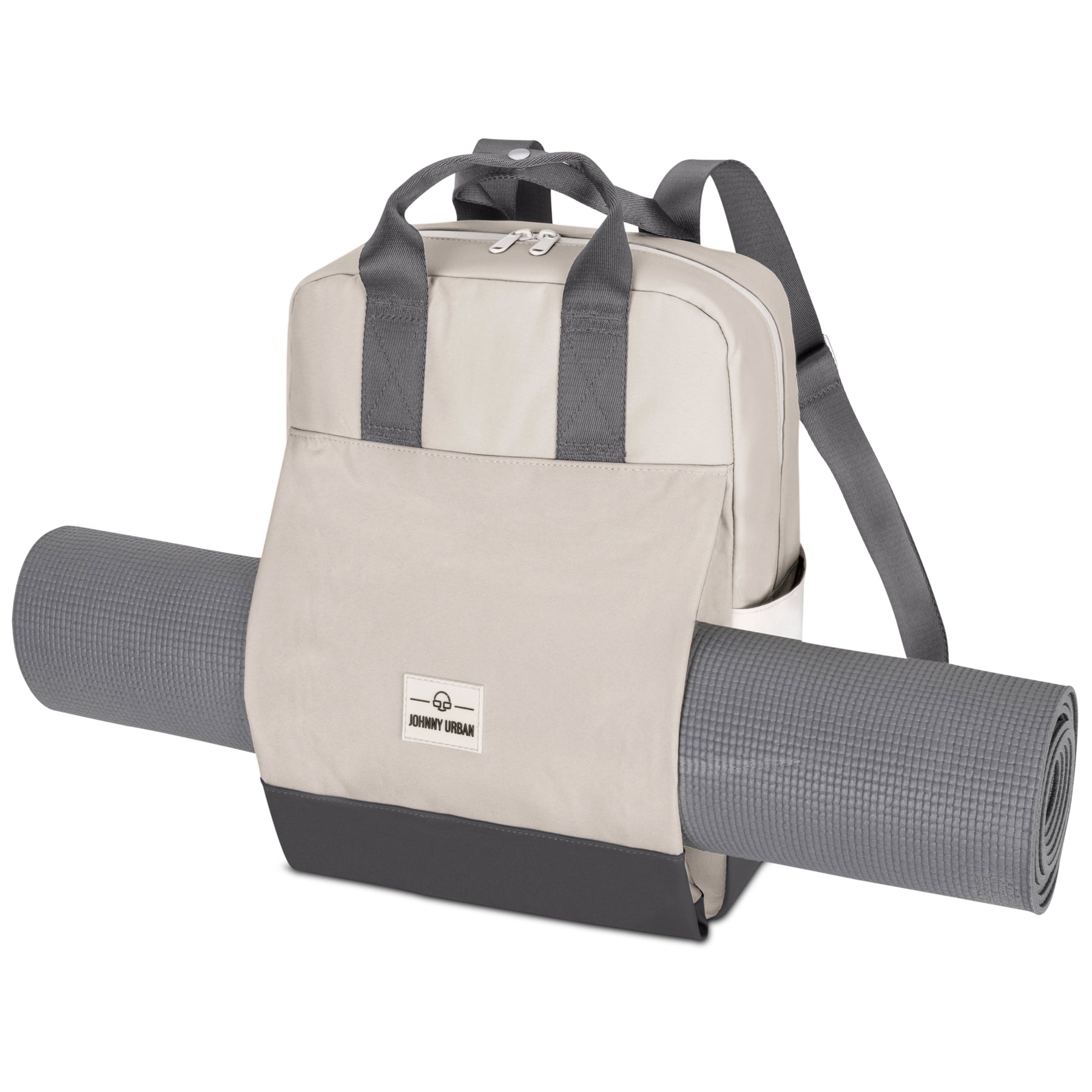 Beiger Johnny Urban Rucksack 'Jona Large' mit grauem Yoga-Matte-Halter und schwarzen Tragegriffen