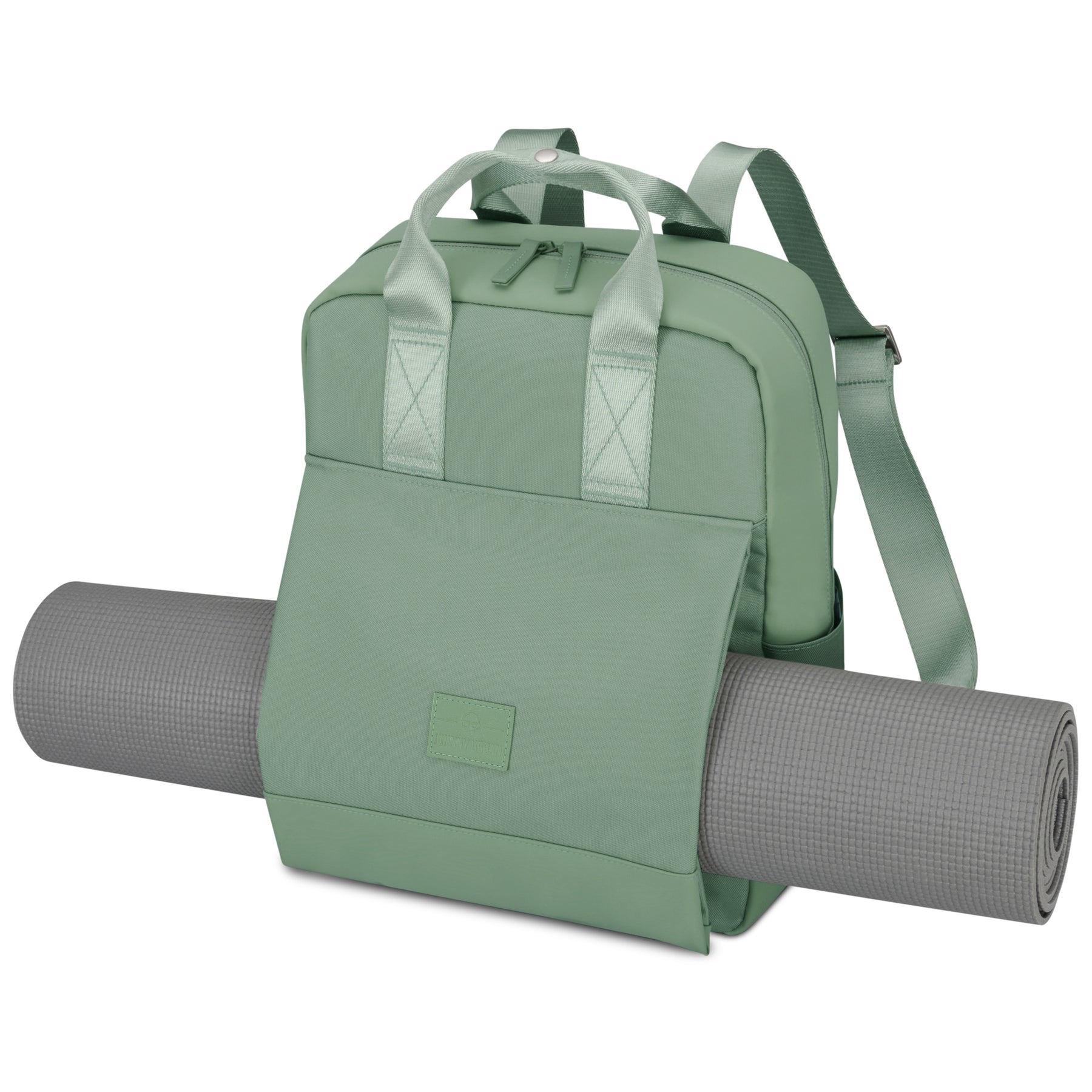 Grüner Rucksack 'Jona Large' mit Tragegriffen, verstellbaren Schulterriemen und angenähter Tasche für eine graue Yogamatte