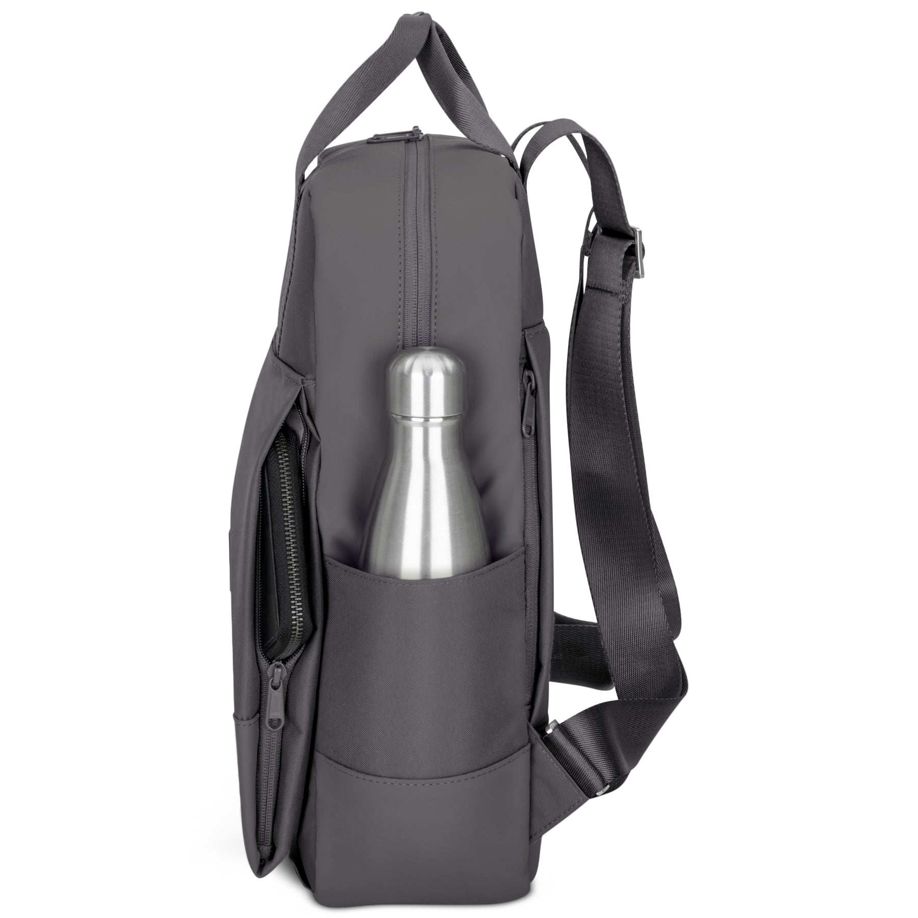 Grau-farbener Damenrucksack 'Jona Large' mit Flaschenfach und Reißverschlusstaschen, seitliche Ansicht