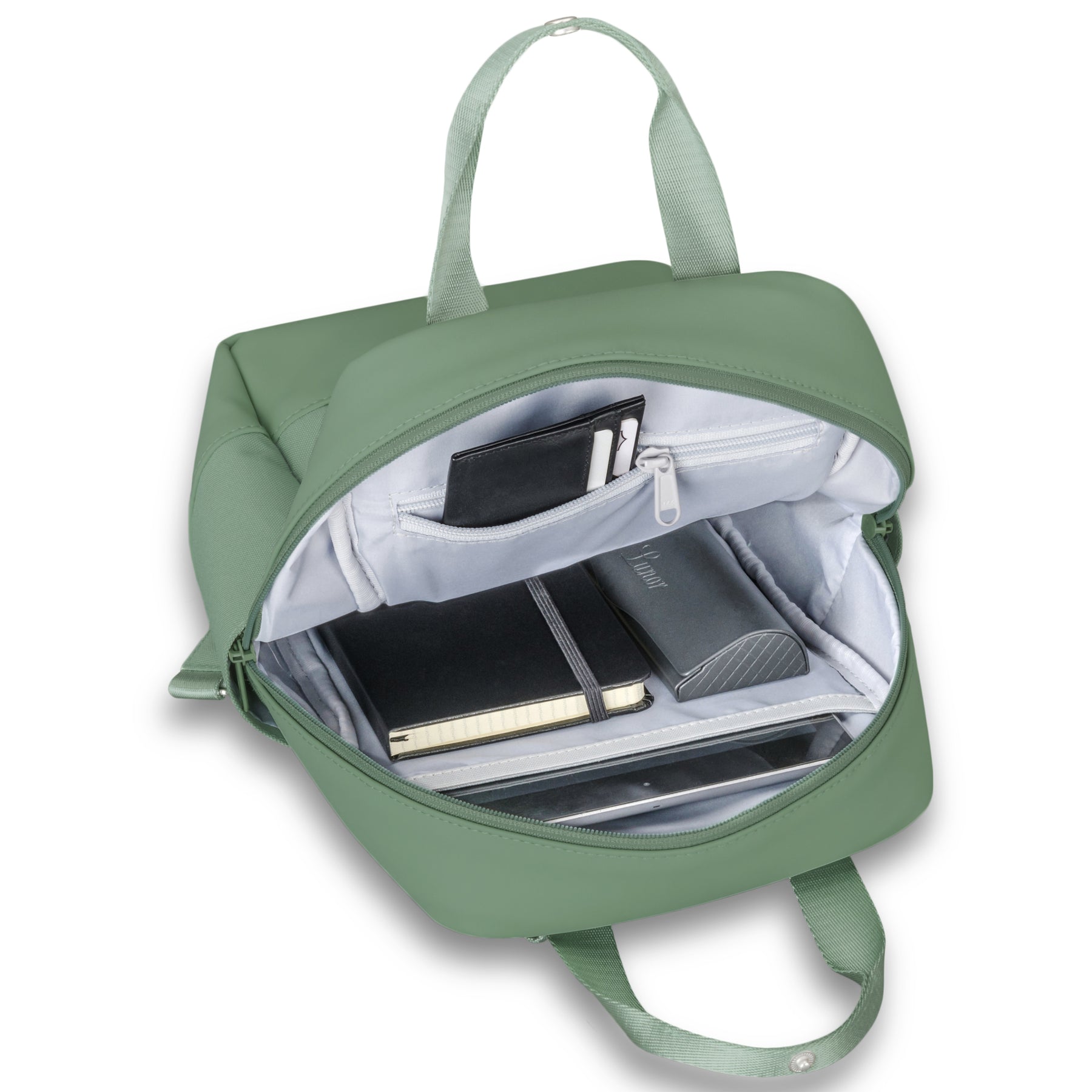 Rucksack 'Jona Small' in grün geöffnet mit organisiertem Innenraum, zeigt Brieftasche, Notizbuch und Tabletfach