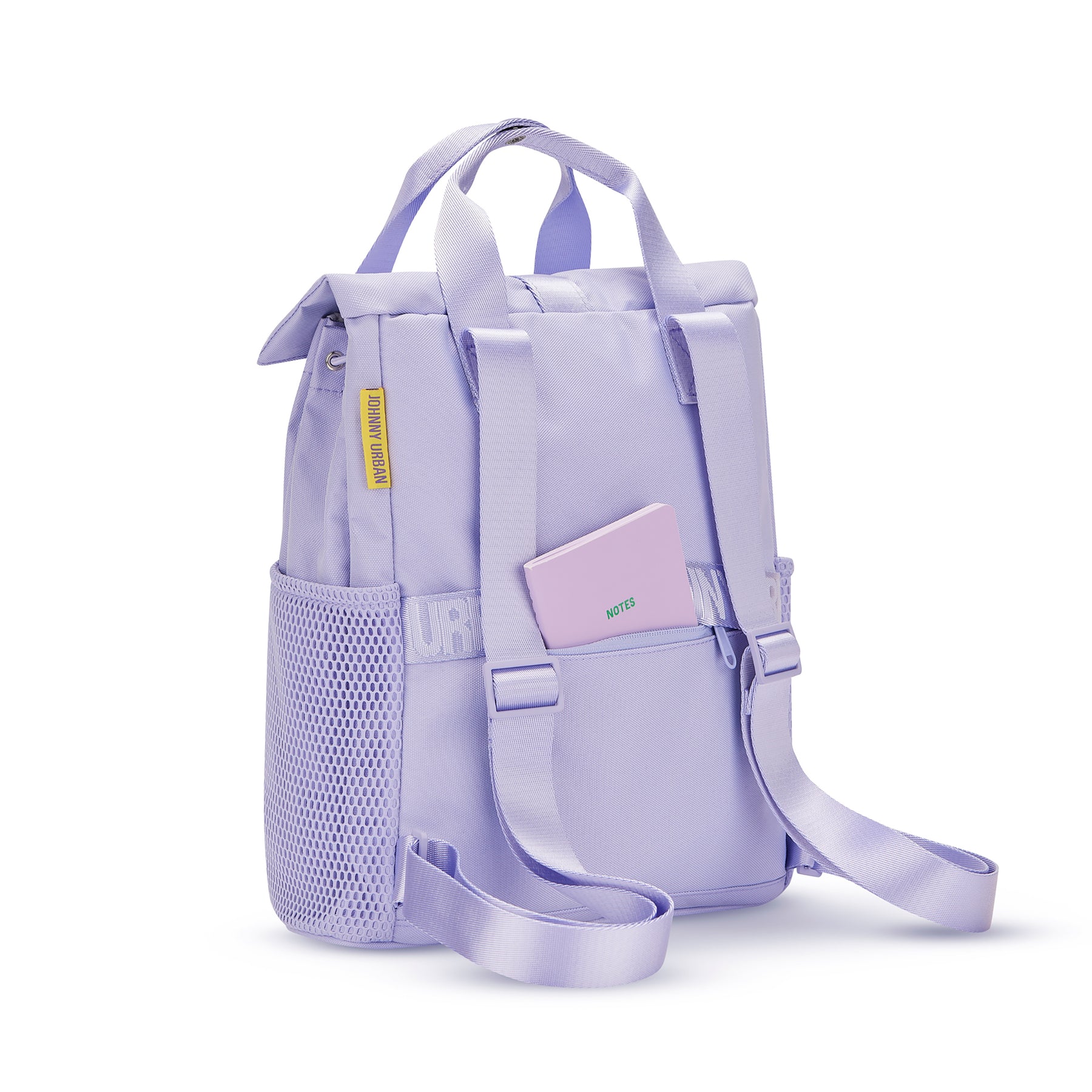 Lila Rucksack 'Jules' von Johnny Urban mit Netzseitentasche und Notizbuch in Rückentasche