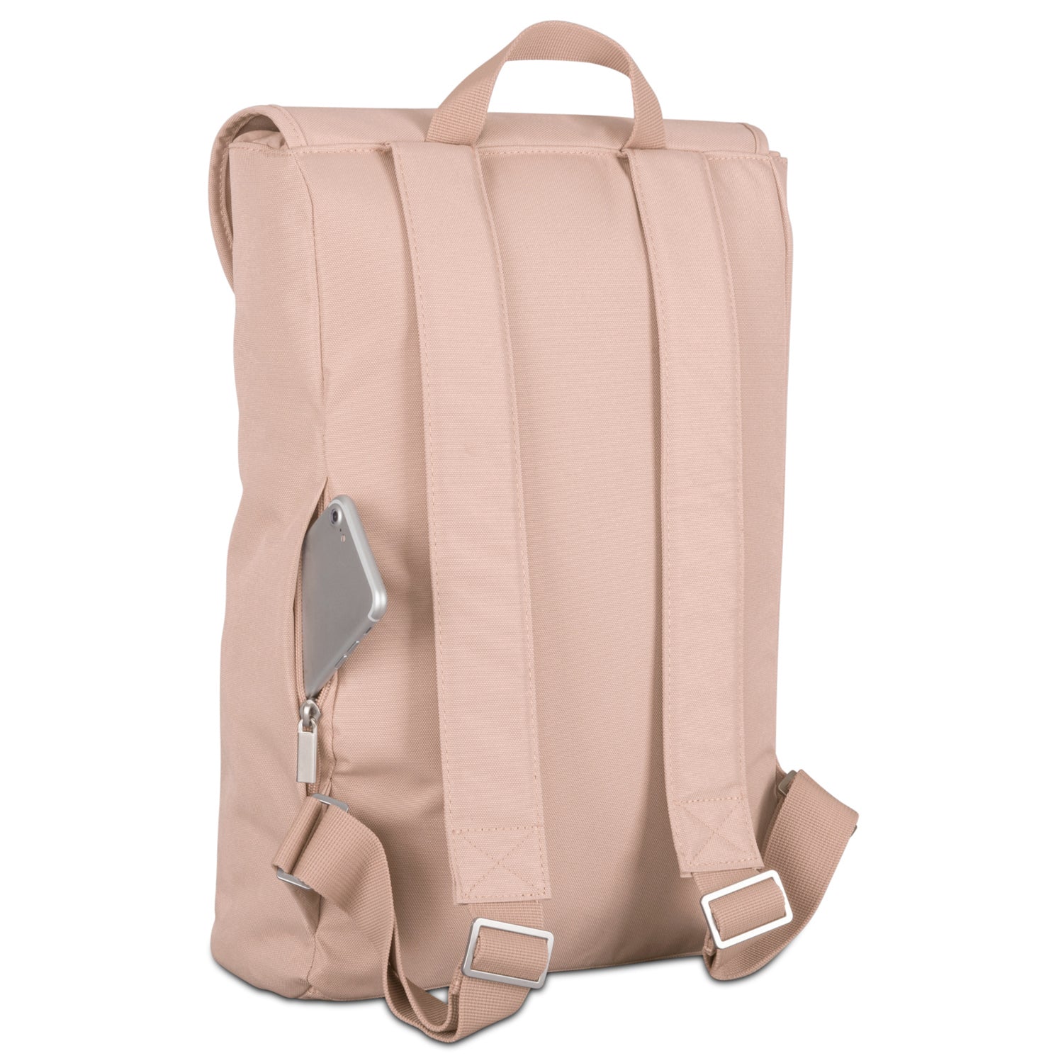 Rucksack 'Liam' in Rosa mit gepolsterten Schultergurten und seitlicher Reißverschlusstasche, die ein Smartphone hält