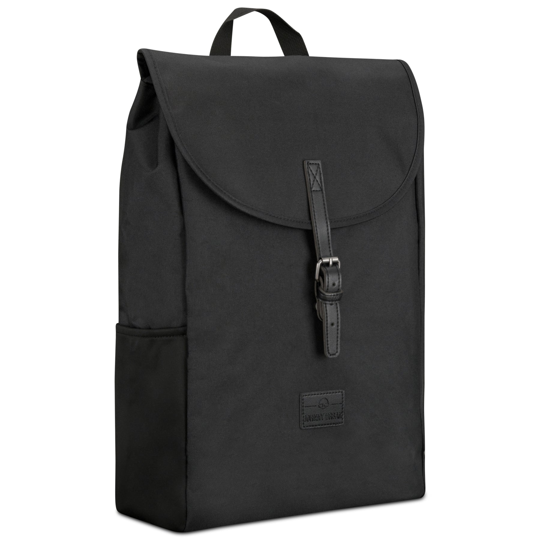 Schwarzer Rucksack 'Liam' mit Klappe und Lederriemenverschluss, rechteckige Form