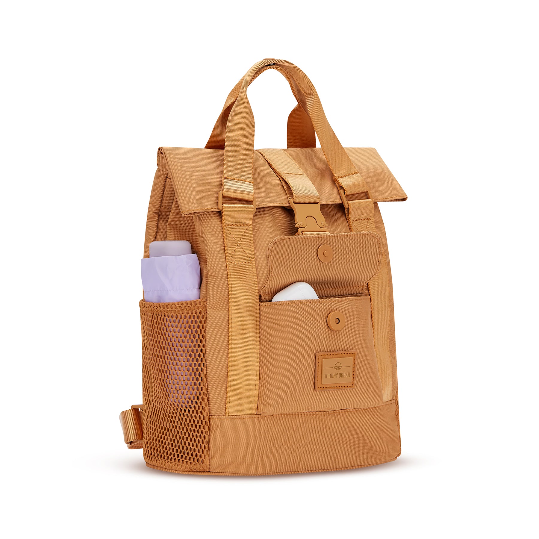 Rucksack 'Jules' von Johnny Urban, caramelbraun, rechteckig mit seitlicher Mesh-Tasche und Fronttasche mit Klappe