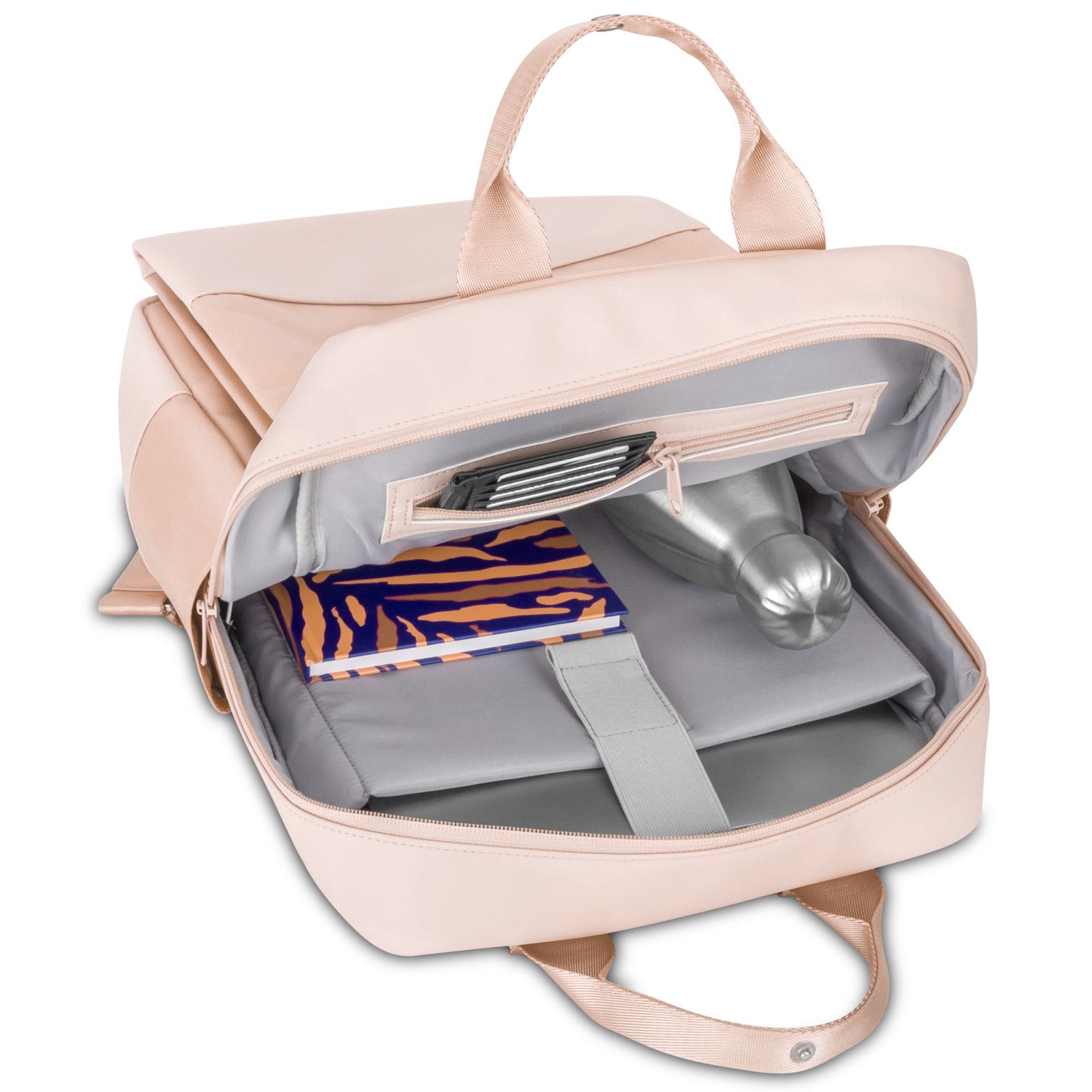 Rucksack 'Jona Large' in rosa geöffnet mit Laptopfach, Notizbuch und silberner Trinkflasche innen