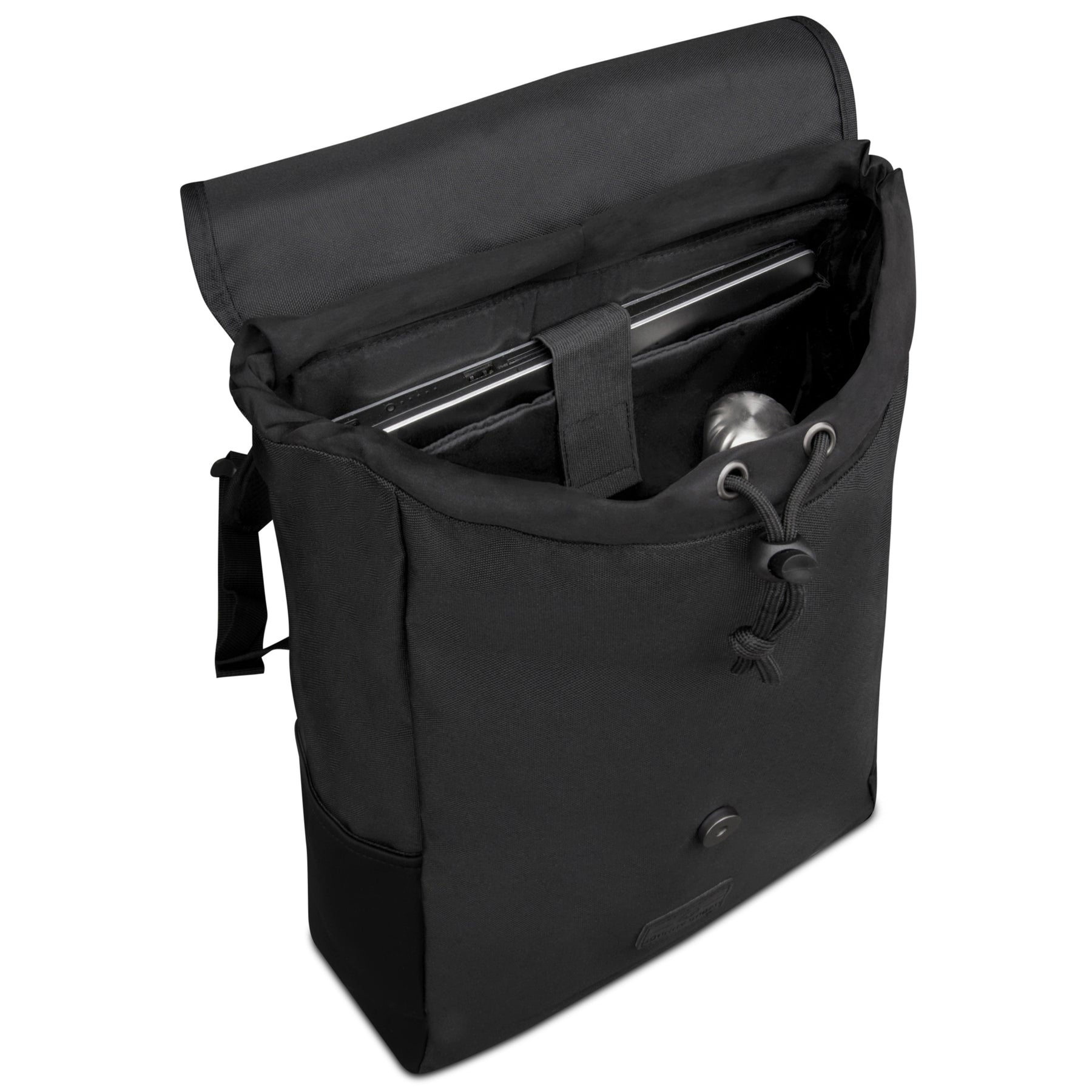 Schwarzer Rucksack 'Liam' mit geöffneter Klappe, sichtbarer Laptop-Hülle und Wasserflasche im Innenfach