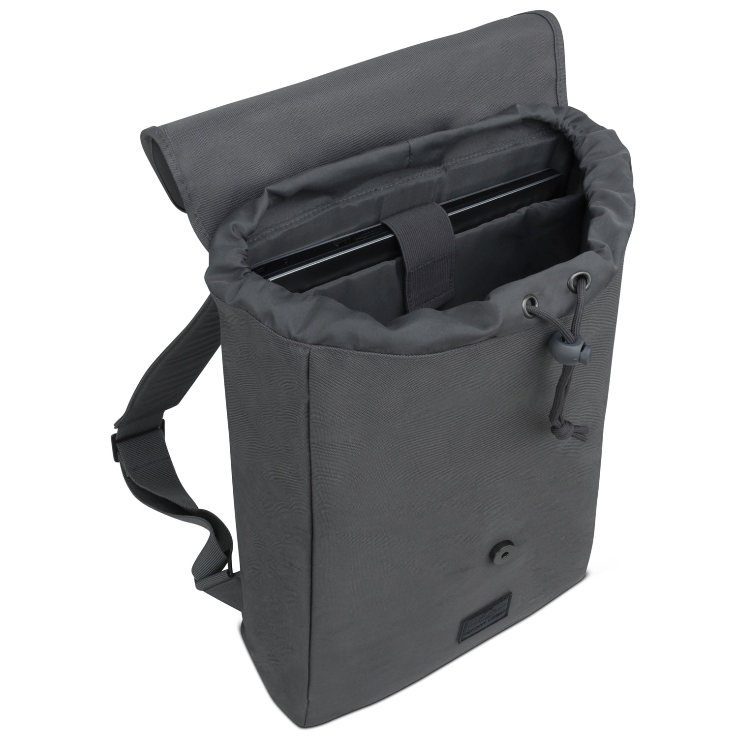 Dunkelgrauer Rucksack 'Liam' mit Laptopfach und aufgezogenem Kordelverschluss