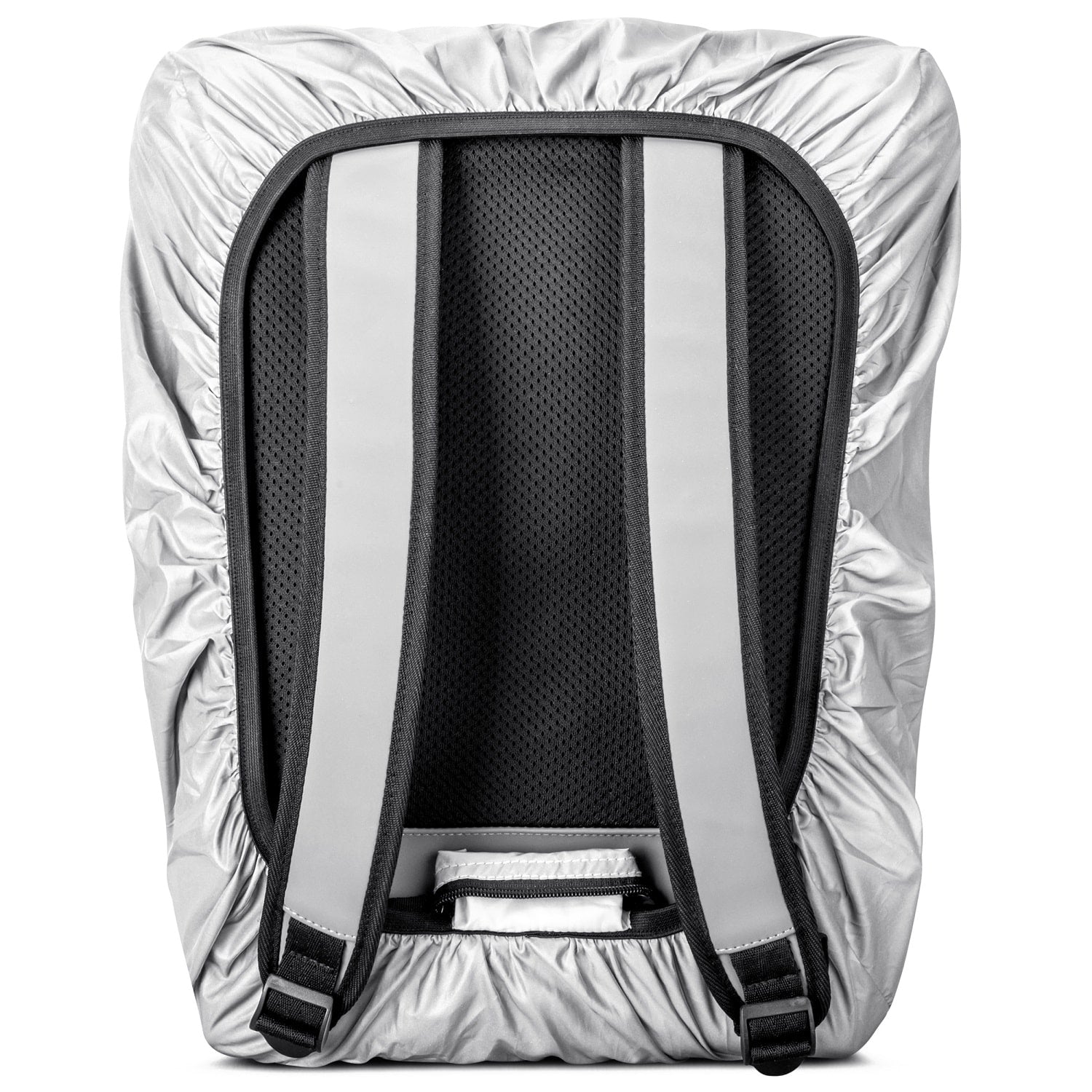 Regenschutzhülle 'Bo L' über schwarzem Rucksack mit gepolsterten Trägern und atmungsaktivem Rückenbereich