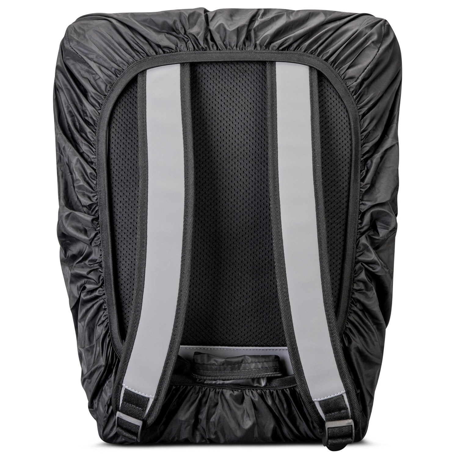 Schwarze Regenschutzhülle 'Bo L' schützt Rückseite und Schultergurte eines Rucksacks
