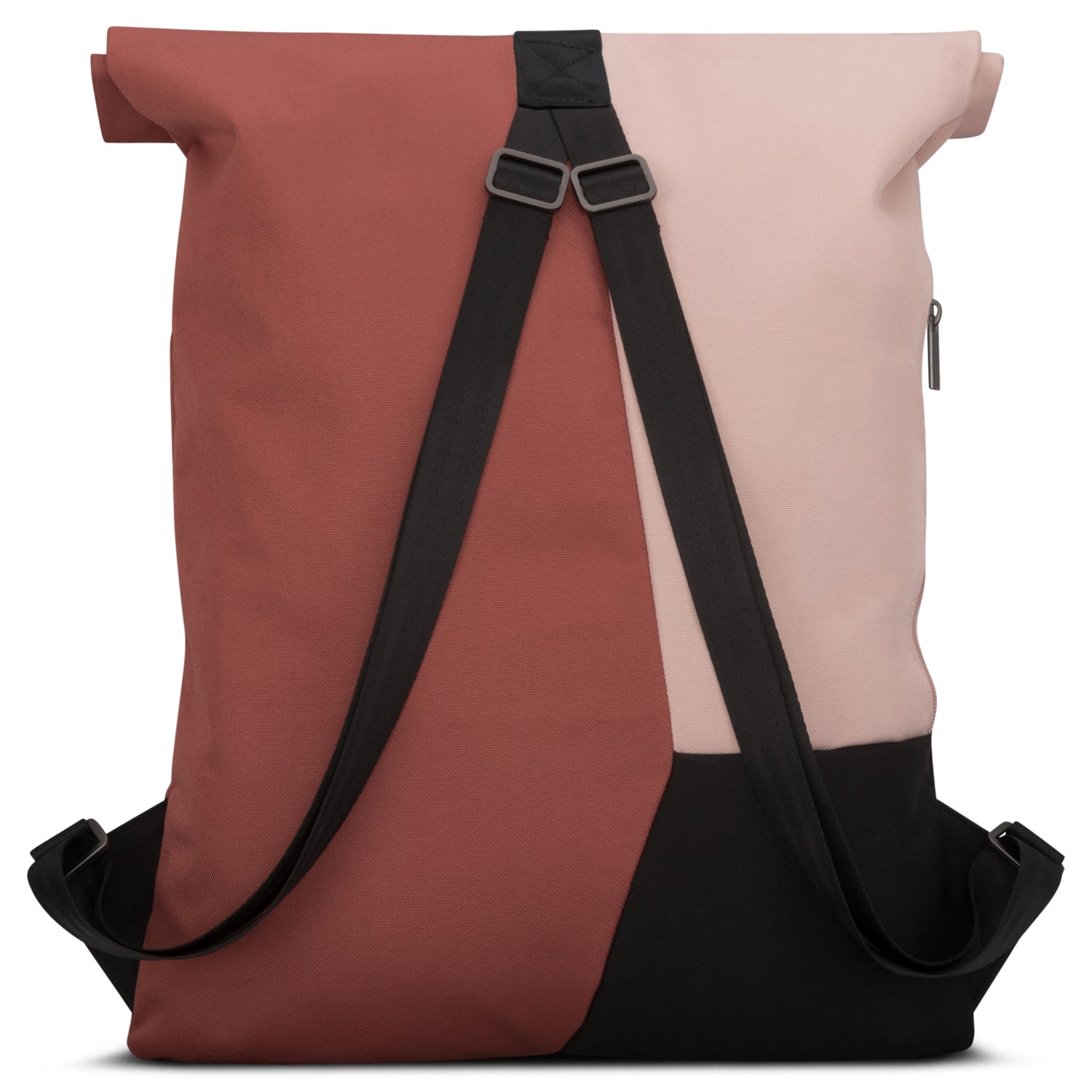 Rucksack Oskar für Damen mit Rolltop, zweifarbig in Rot und Hellrosa, schwarze Boden- und Schultergurte