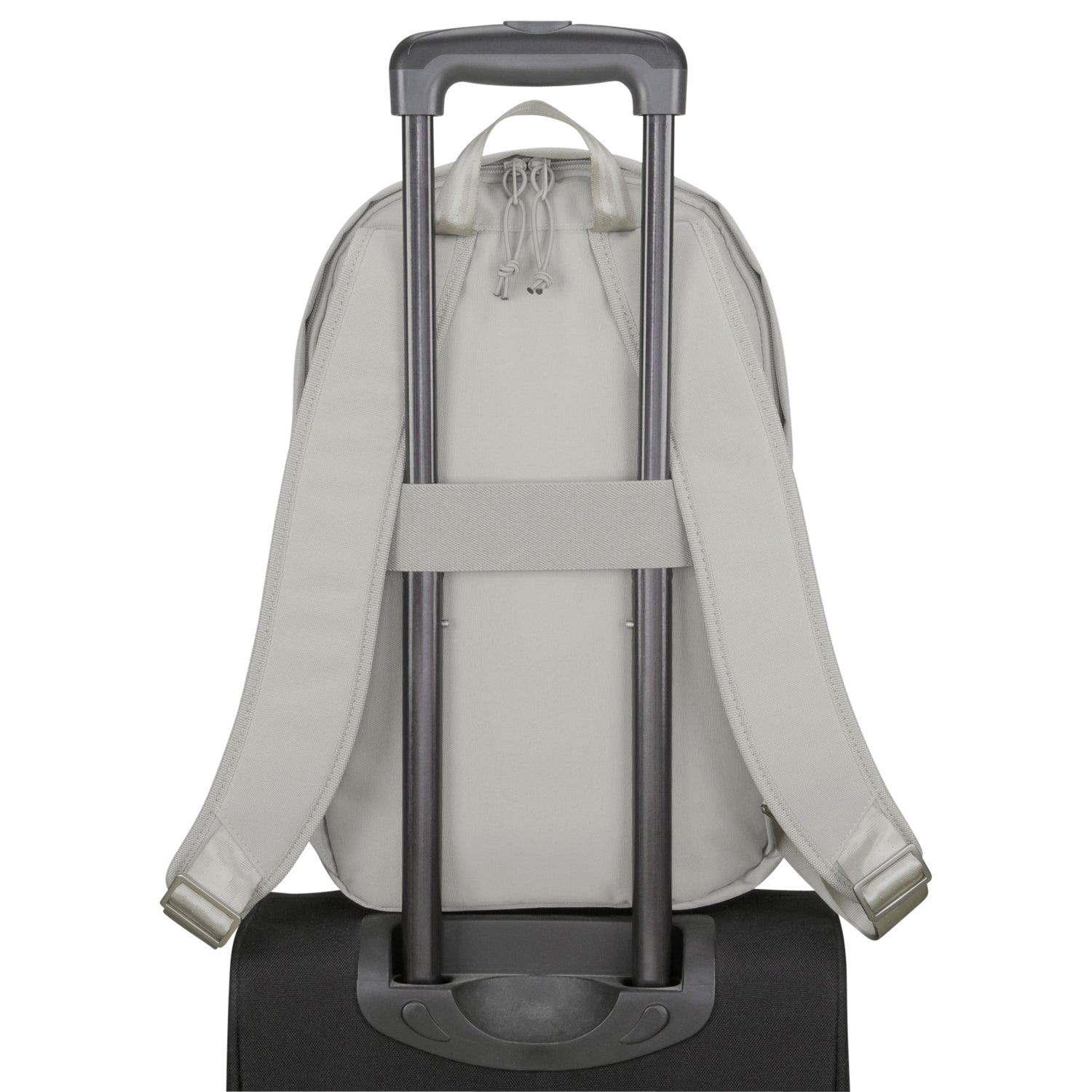 Rucksack 'Milo' in Grau mit Polsterung, auf Teleskopgriff eines schwarzen Koffers gesteckt