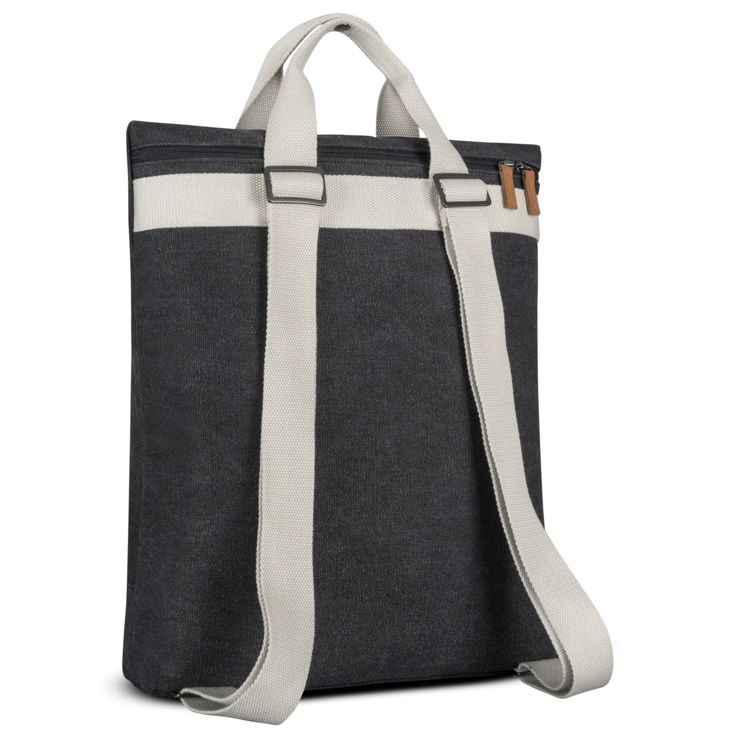 Schwarzer Rucksack 'Sam' aus Canvas mit cremefarbenen Trägern und zwei Reißverschlussanhängern