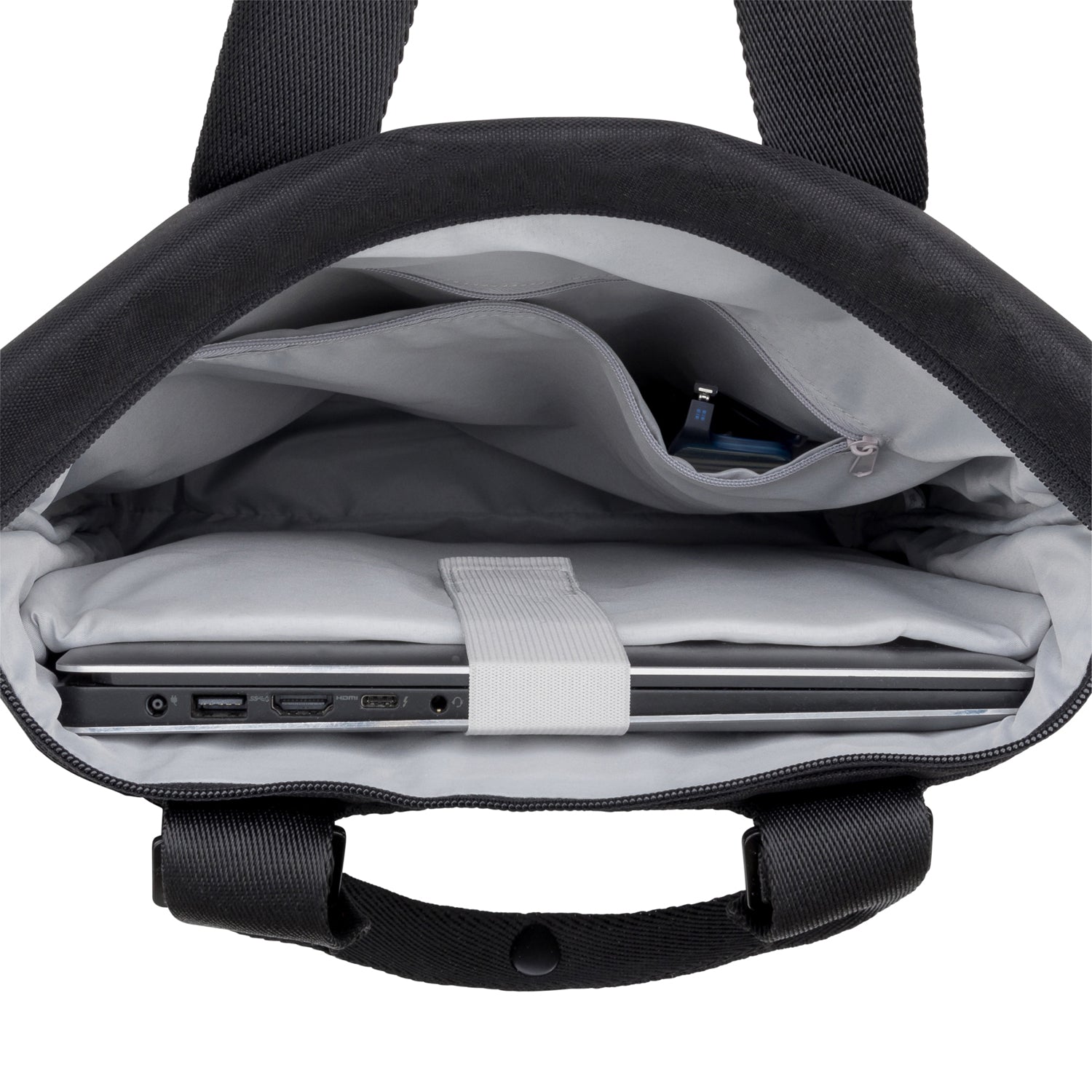 Innenansicht des schwarzen Rucksacktasche 'Ivy' mit gepolstertem Laptopfach und mehreren Innenfächern