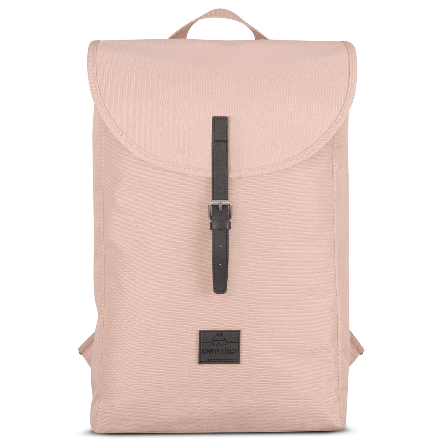 Rucksack 'Liam' von Johnny Urban in Rosa mit schwarzem Lederriemen und Logo auf der Vorderseite