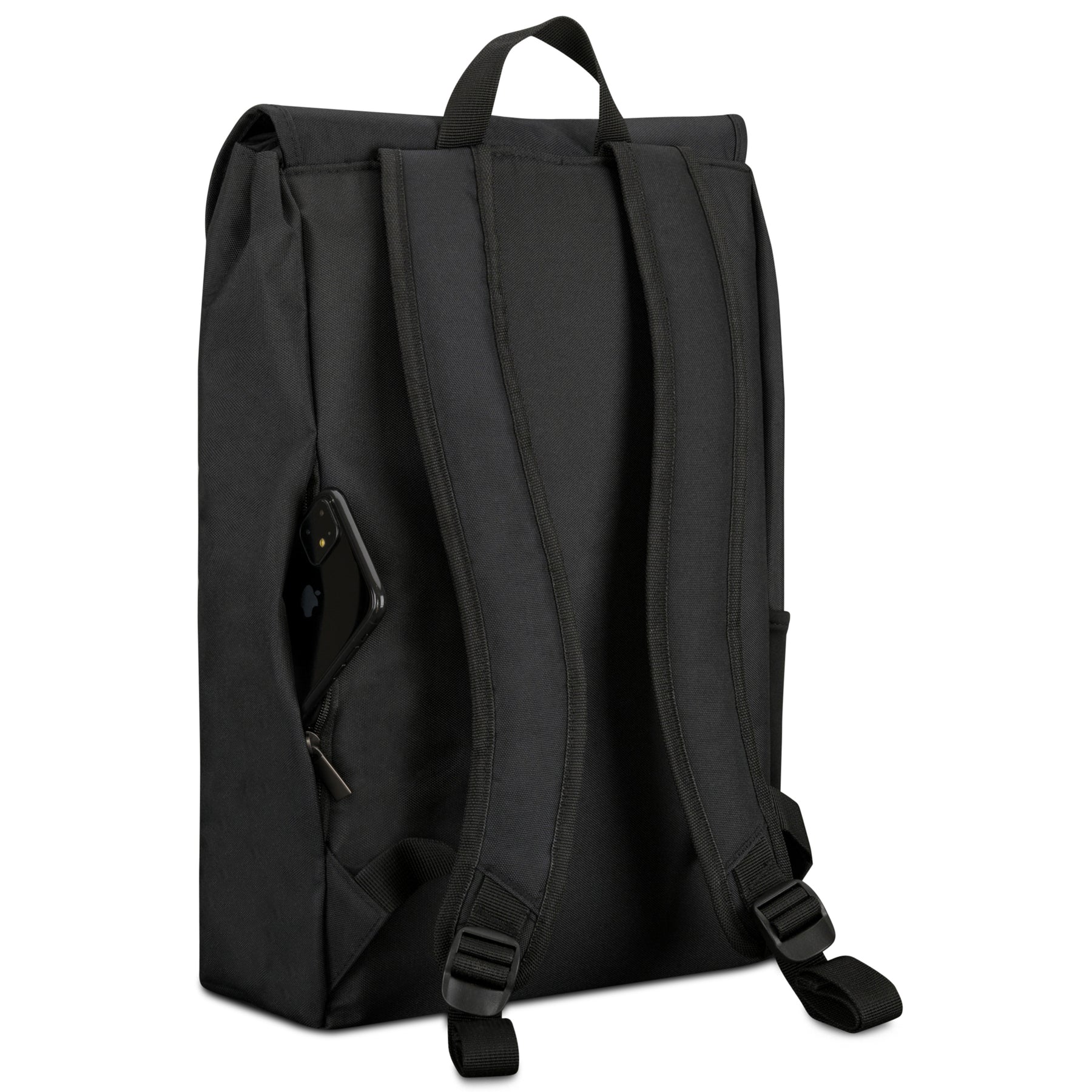 Schwarzer rechteckiger Rucksack 'Liam' mit gepolsterten Trägern und seitlicher Reißverschlusstasche mit Smartphone