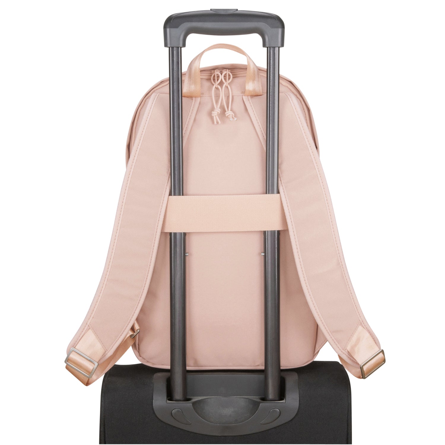 Rucksack 'Milo' in Rosa mit gepolsterten Schultergurten, steckbar auf schwarzem Reisekoffergriff