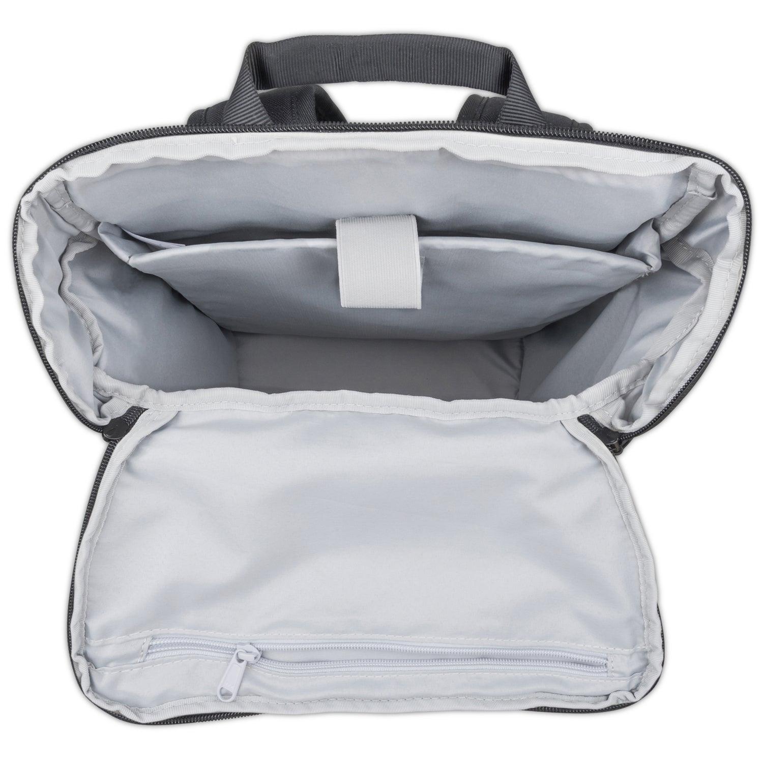 Innenansicht des Rucksacks 'Luca' in Schwarz mit Laptopfach und Reißverschlusstasche