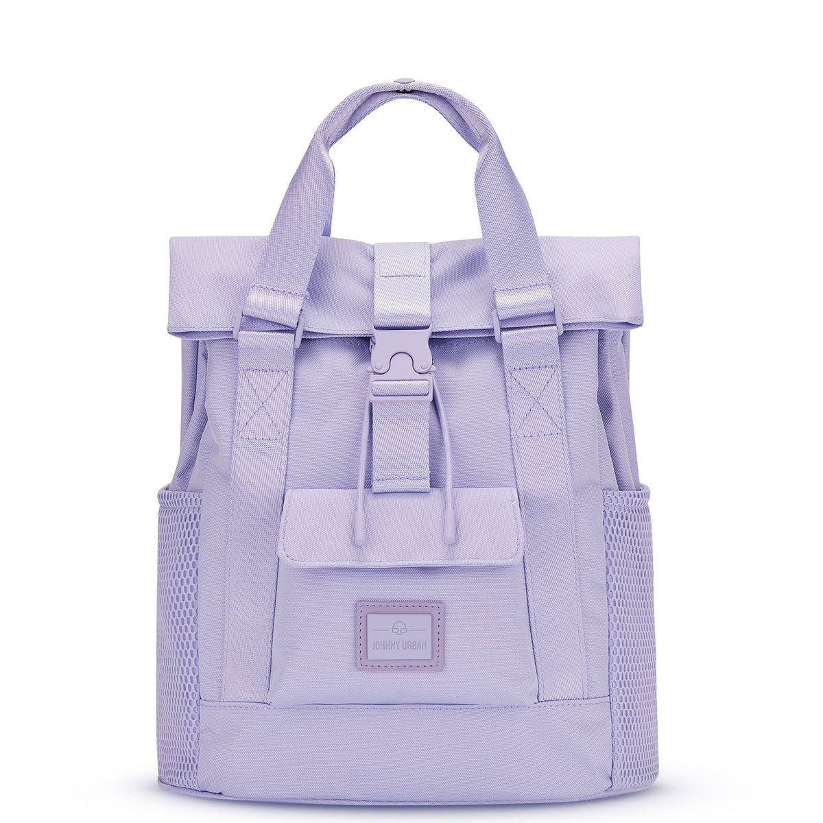 Lila-fliederfarbener Rucksack "Jules" mit zwei Schulterriemen, Fronttasche und Seitentaschen aus Mesh