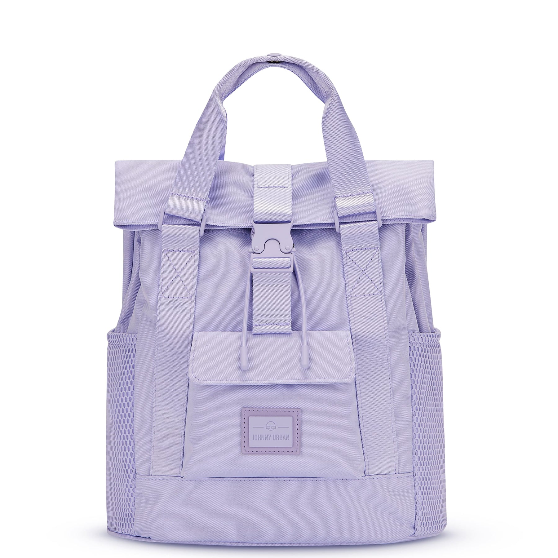 Lila-fliederfarbener Rucksack "Jules" mit zwei Schulterriemen, Fronttasche und Seitentaschen aus Mesh