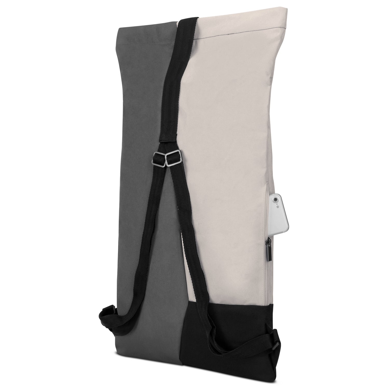 Rucksack 'Oskar' mit Rolltop, zwei Farben in Grau und Beige, schmales Design, schwarzer Boden, Reißverschlusstasche mit Handyfach