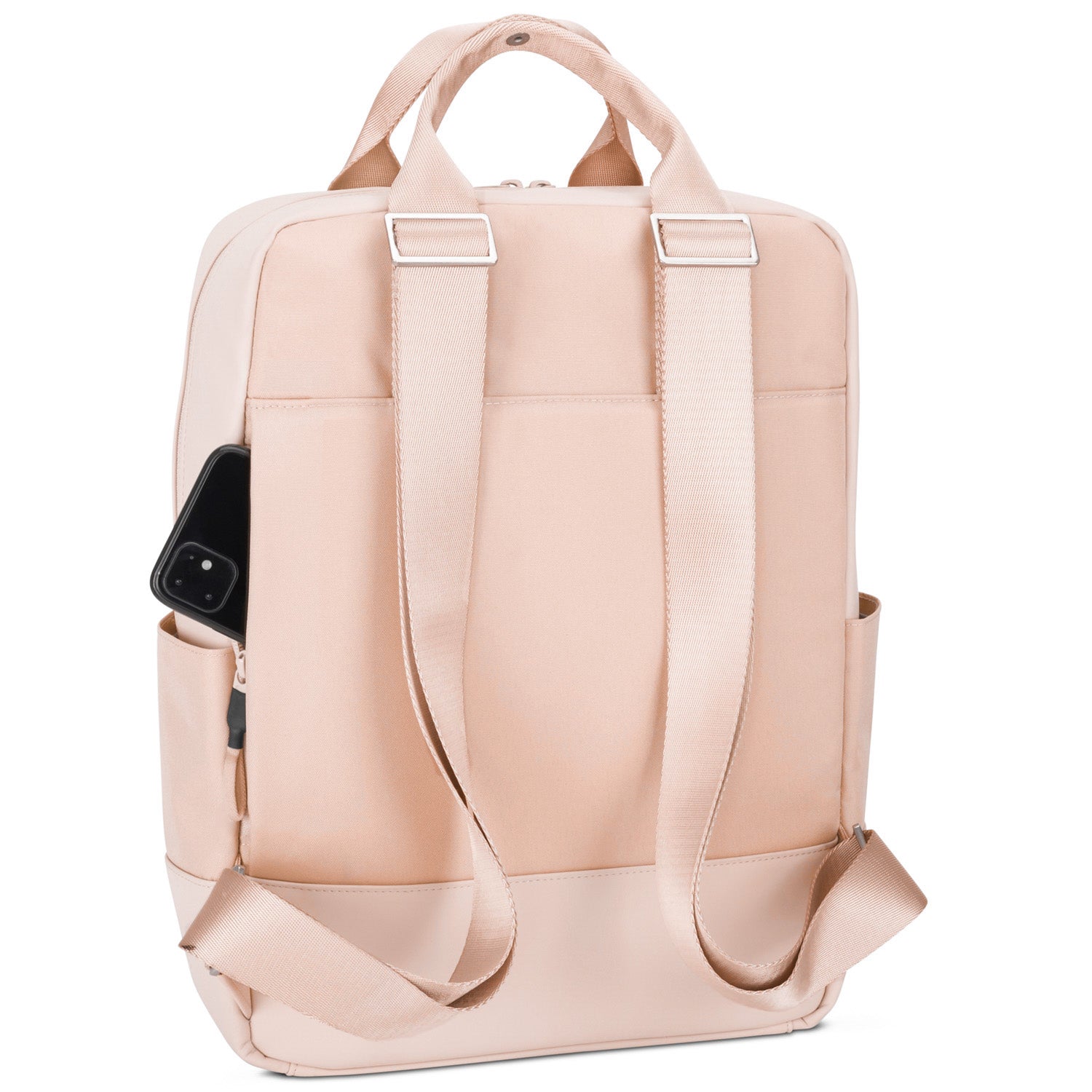 Rucksack Jona Large in Rosa mit zwei verstellbaren Trägern und seitlichen Taschen, eine mit Smartphone