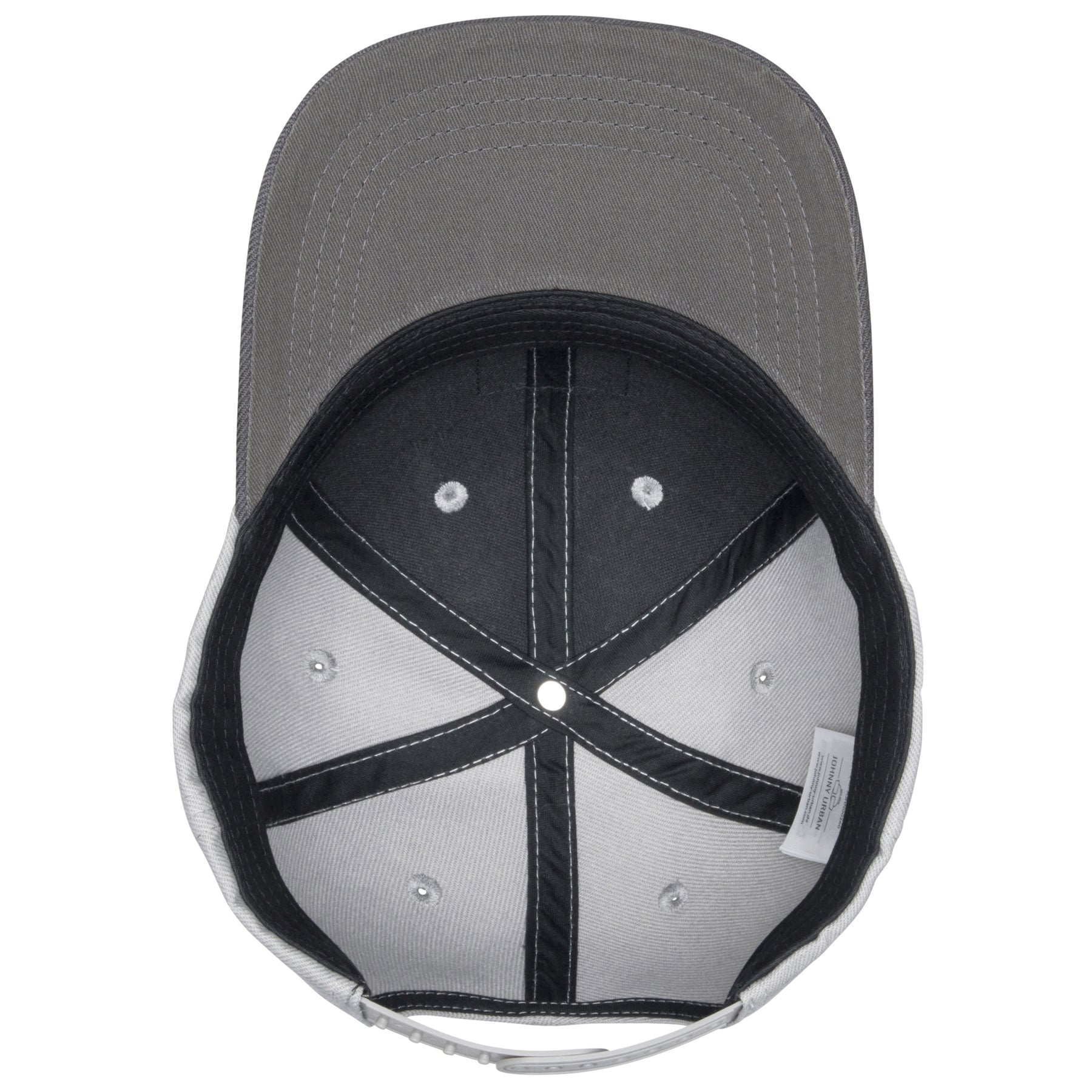 Innenansicht der grauen Snapback Cap 'Dean' mit schwarzem Schweißband und verstellbarem Verschluss