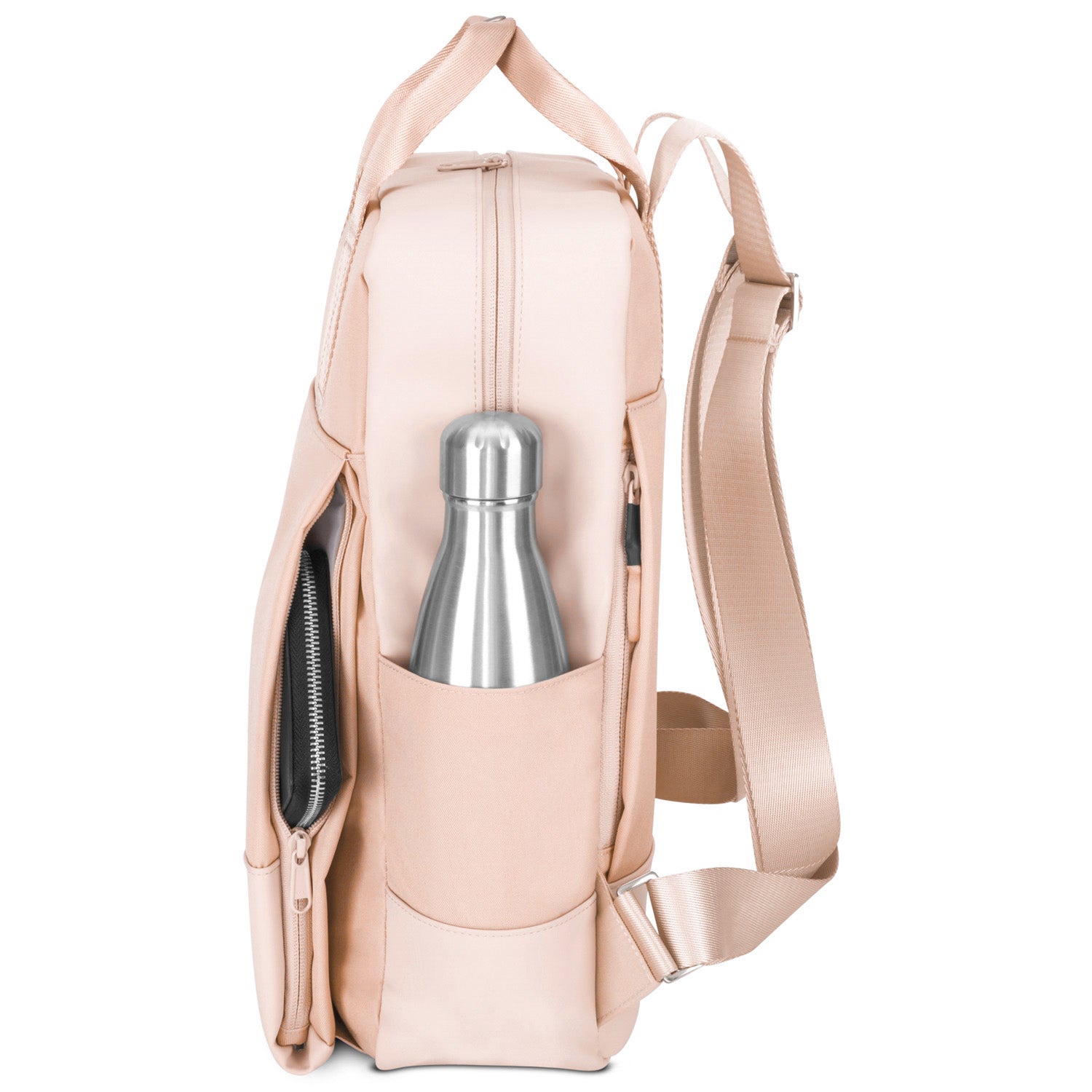 Rucksack Jona Large in Rosa mit seitlicher Außentasche und Edelstahlflasche