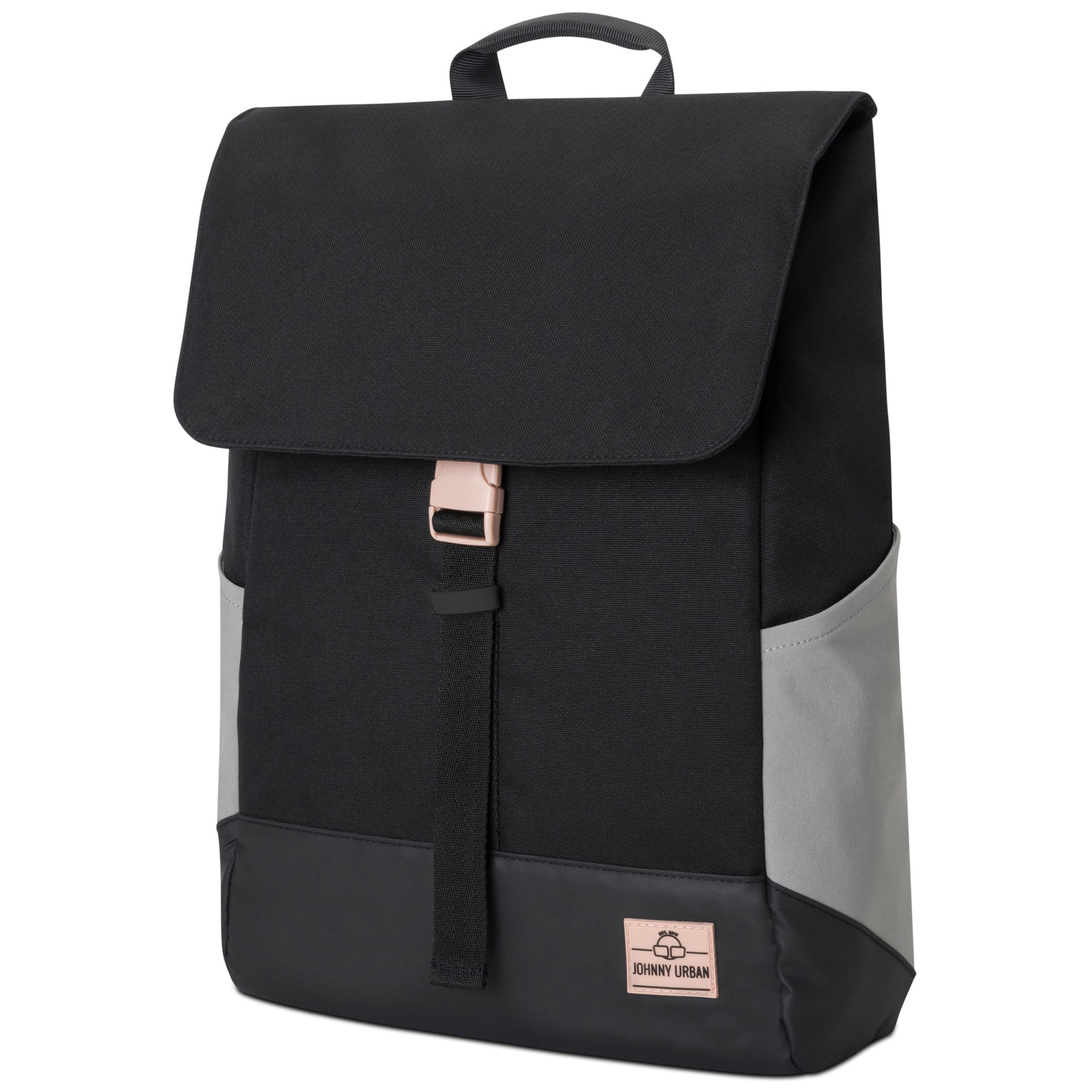 Schwarzer Tagesrucksack 'Mika' von Johnny Urban mit grauen Seitentaschen und roségoldener Schnalle