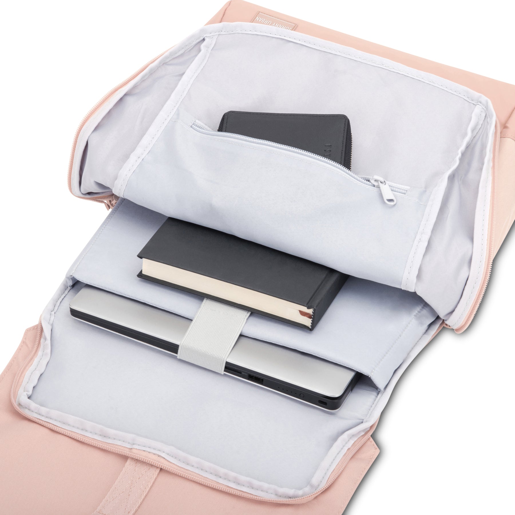 Geöffneter rosa Johnny Urban Rucksack "Mika" mit Laptopfach, Buch und Geldbörse innen