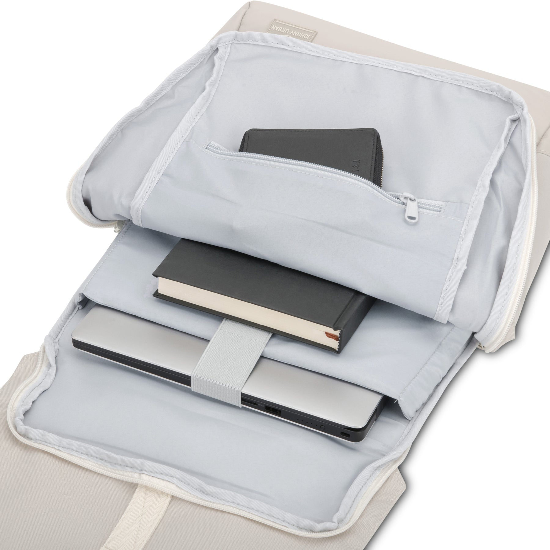 Beiger Johnny Urban Rucksack 'Mika' geöffnet mit Laptopfach, Laptop, Buch und Reißverschlusstasche innen