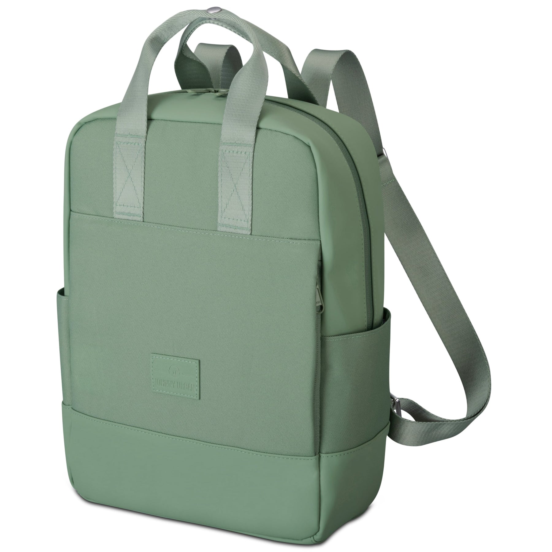Moderner grünfarbener Rucksack 'Jona Medium' mit zwei Tragegriffen, Fronttasche und verstellbaren Schulterriemen