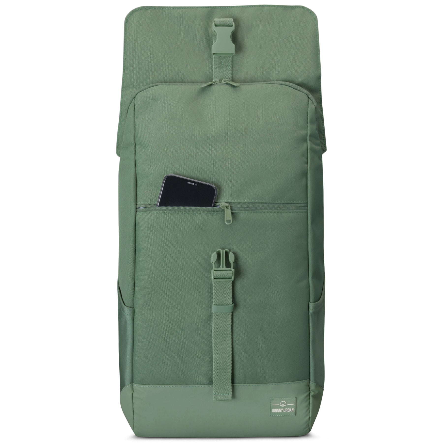 Grüner Johnny Urban Rucksack 'Mika' mit einem Reißverschlussfach vorne, in dem ein Smartphone steckt
