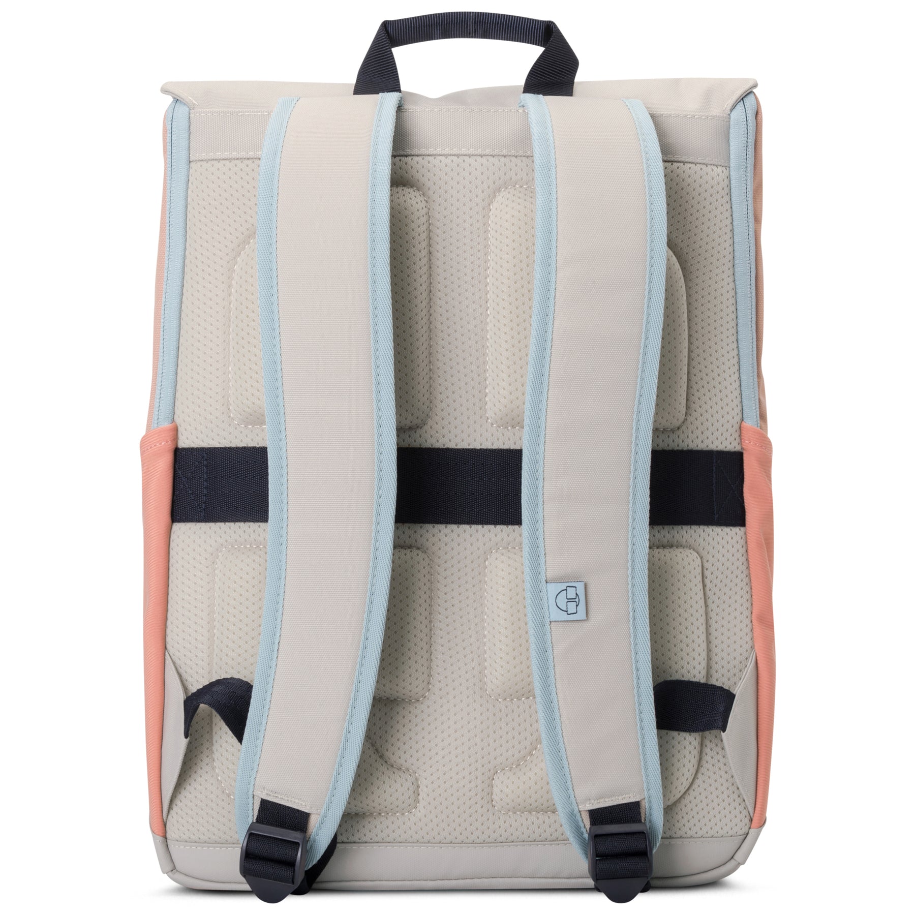 Rucksack 'Mika' Rückseite mit gepolsterten, beigen Schulterriemen, leichter Polsterung und schwarzem Tragegriff