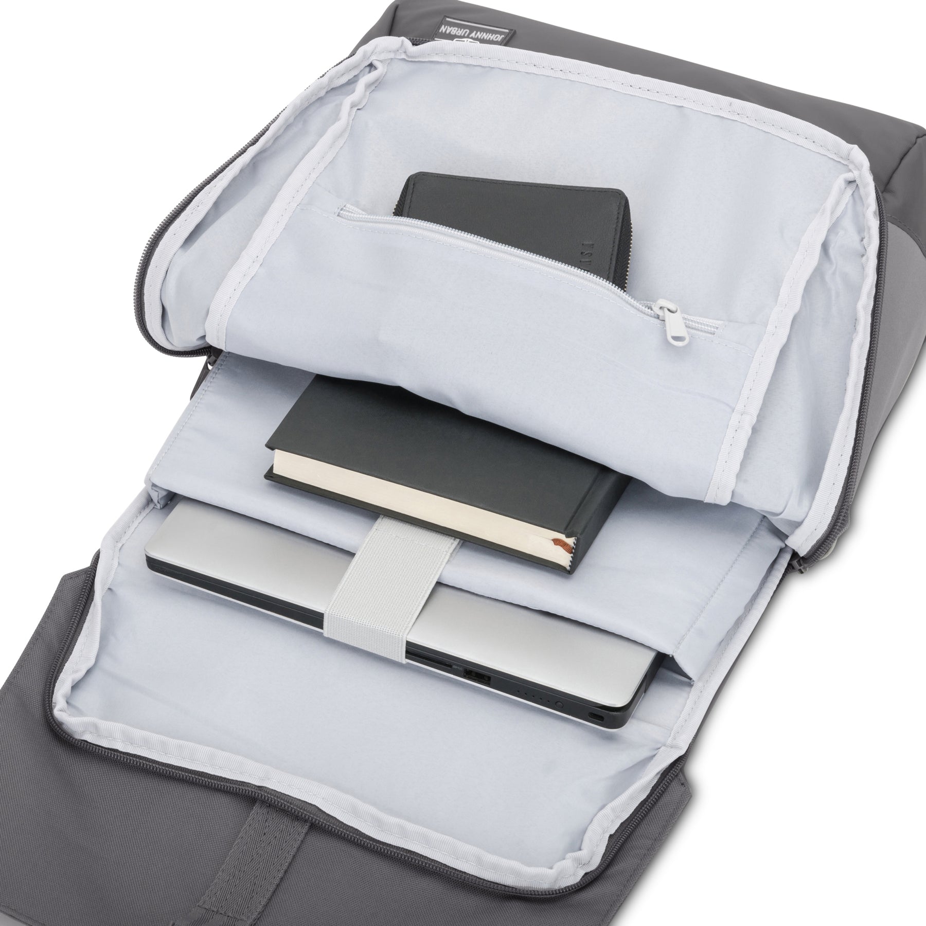 Geöffneter dunkelgrauer Rucksack 'Mika' mit Laptop, Notizbuch und Reißverschlusstasche innen