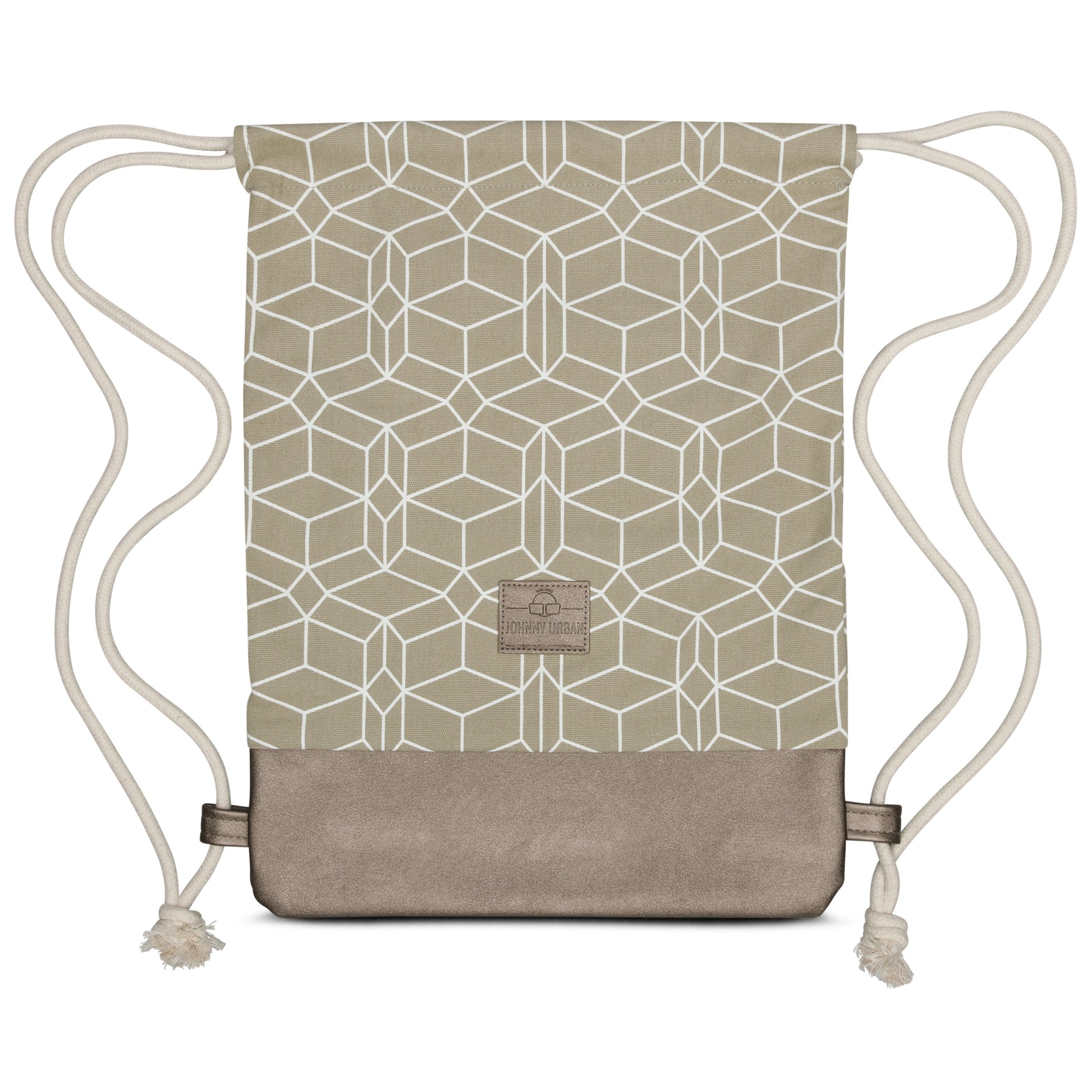 Turnbeutel 'Noah' in beige Metallic mit weißem geometrischem Muster und Zugbändern