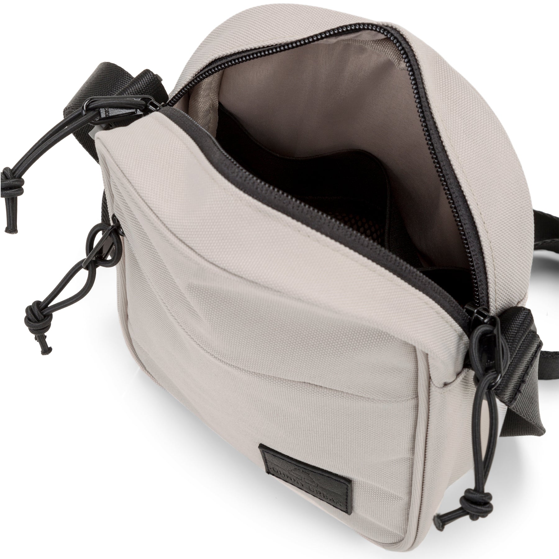 Kleine beige Umhängetasche 'Luis' mit Reißverschluss und schwarzem Detail an der Vorderseite