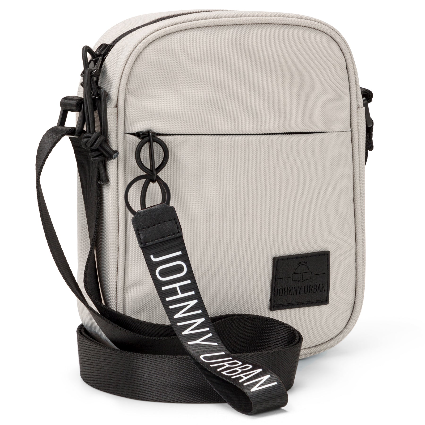 Beige Umhängetasche ‚Luis‘ von Johnny Urban mit schwarzem, verstellbarem Schulterriemen und vorderer Reißverschlusstasche