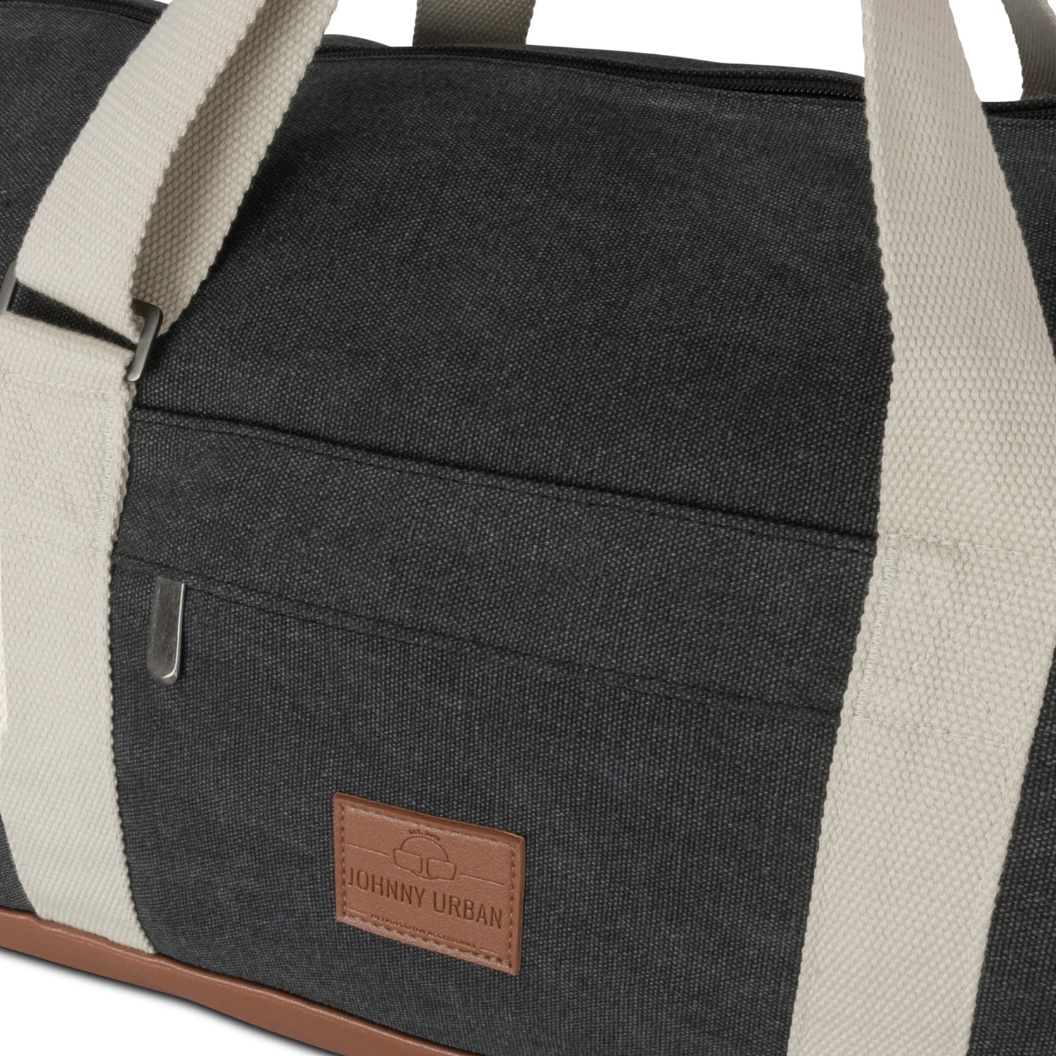 Anthrazitfarbene Weekender-Tasche 'Paul' aus Canvas mit hellen Griffen und braunem Lederetikett von Johnny Urban