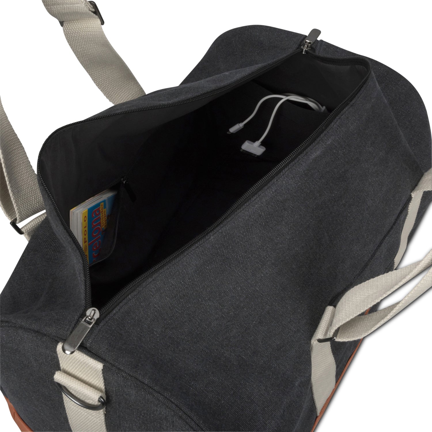 Weekender Reisetasche 'Paul' in Anthrazit mit offenem Hauptfach, innen USB-Ladekabel und Seitentasche mit Magazin
