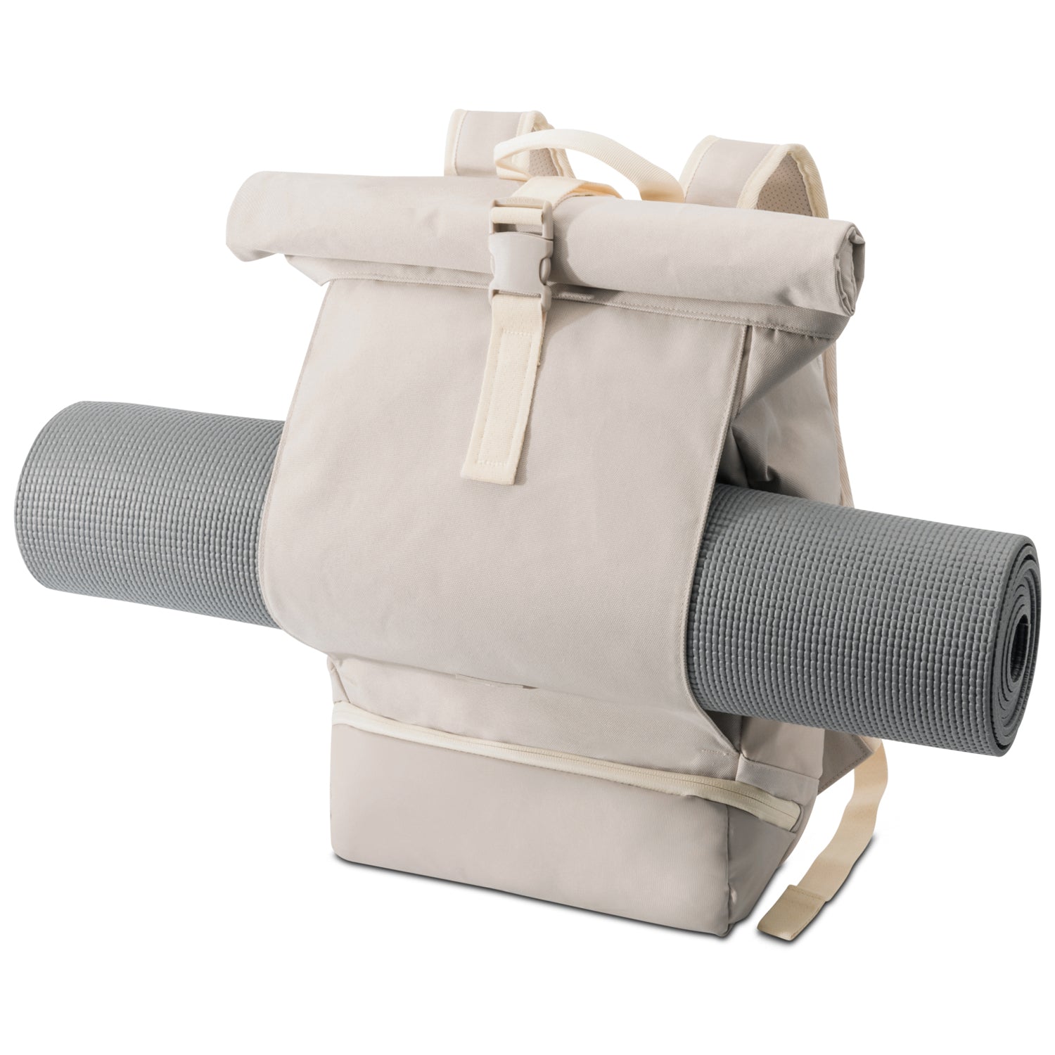 Beiger Rolltop Rucksack Allen Medium mit grauer Yogamatte, vorne befestigt