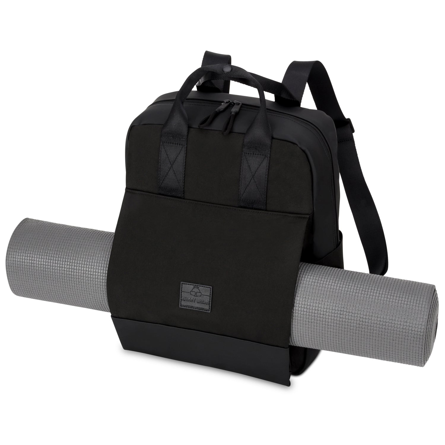 Schwarzer Jona Large Rucksack mit Halterung für eine graue Yogamatte vorne