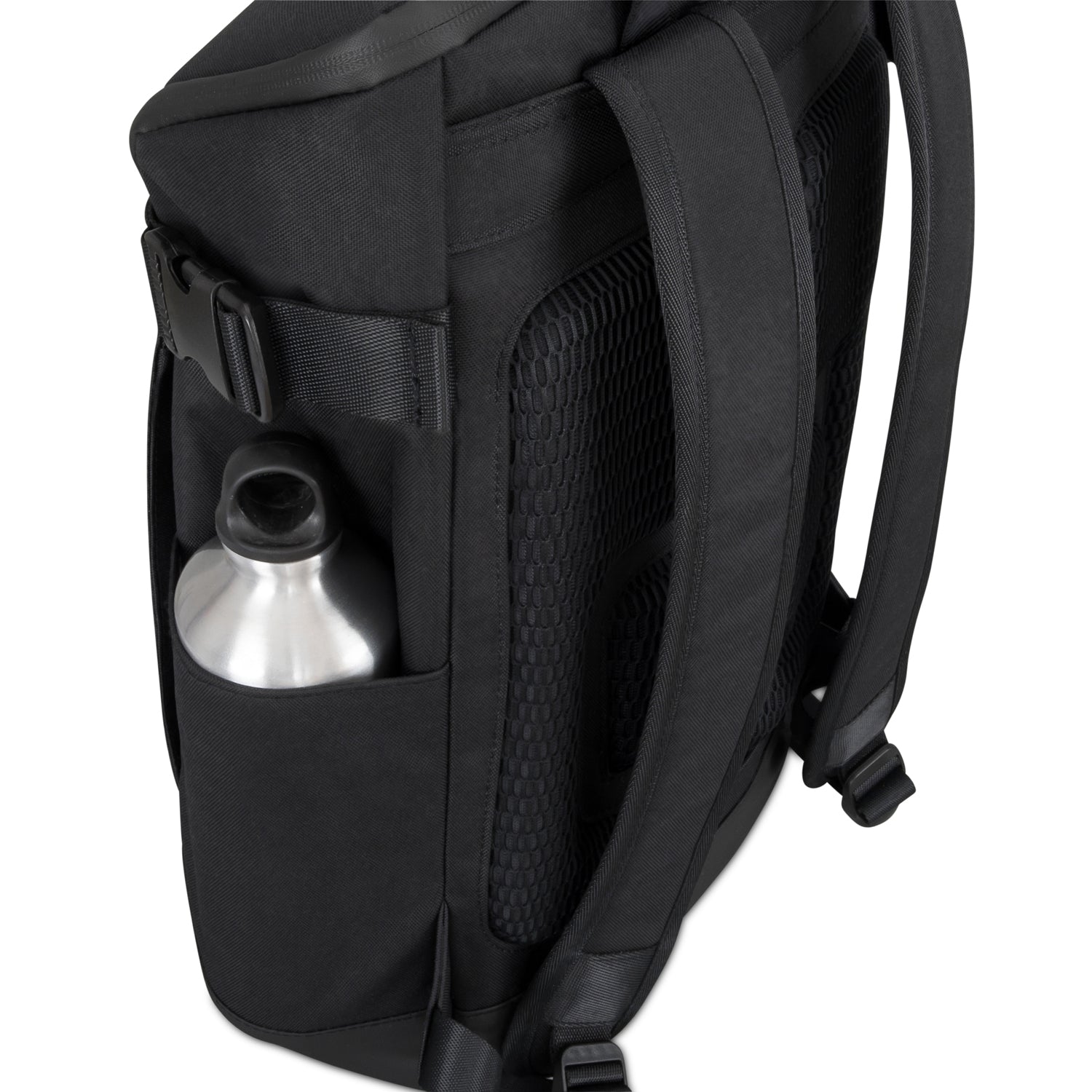 Schwarzer Rucksack ‚Luca‘ mit gepolsterten Schultergurten und Seitentasche mit Trinkflasche