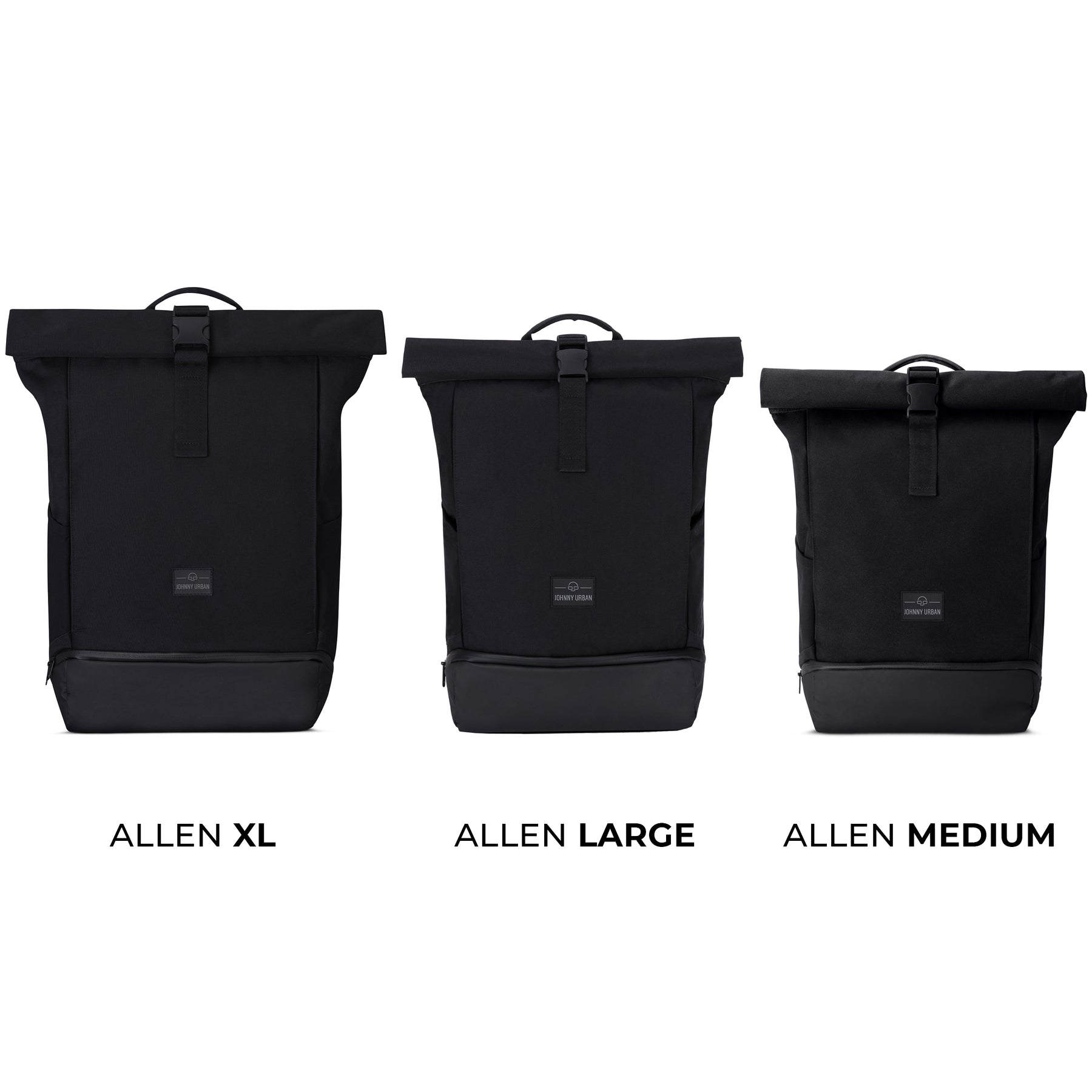 Drei schwarze Rolltop-Rucksäcke der Marke Johnny Urban in den Größen Allen XL, Large und Medium nebeneinander