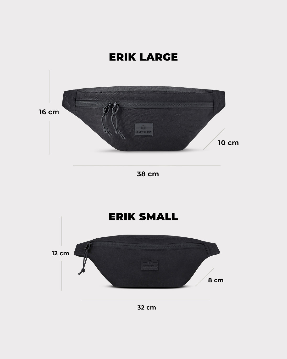Schwarze Johnny Urban Bauchtasche 'Erik Large' mit Maßen 38x16x10 cm und kleinere 'Erik Small' mit 32x12x8 cm