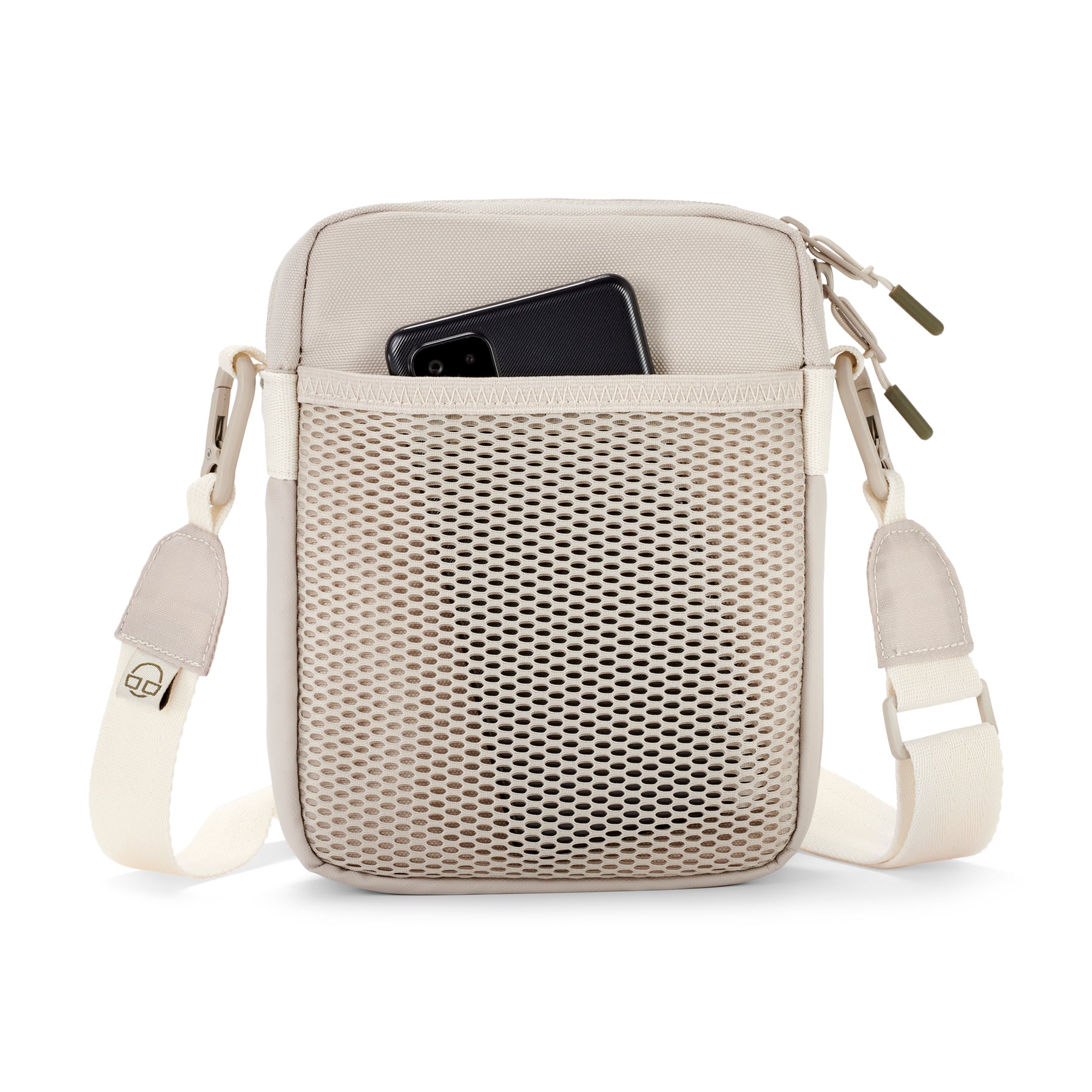 Beige Umhängetasche 'Jayden' mit Netzvordertasche, Smartphone teils sichtbar