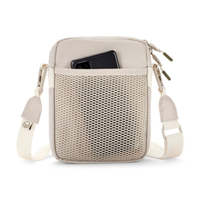 Beige Umhängetasche 'Jayden' mit Netzvordertasche, Smartphone teils sichtbar
