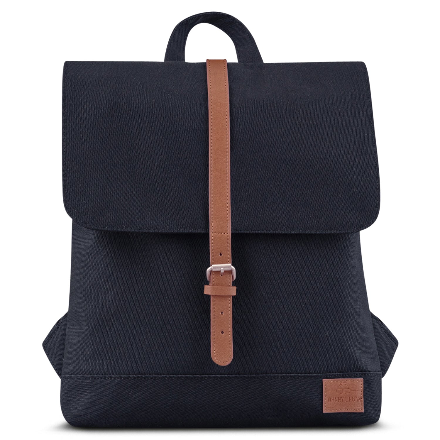 Schwarzer Damenrucksack 'Mia' mit braunem Kunstlederriemen und Johnny Urban Logo vorne